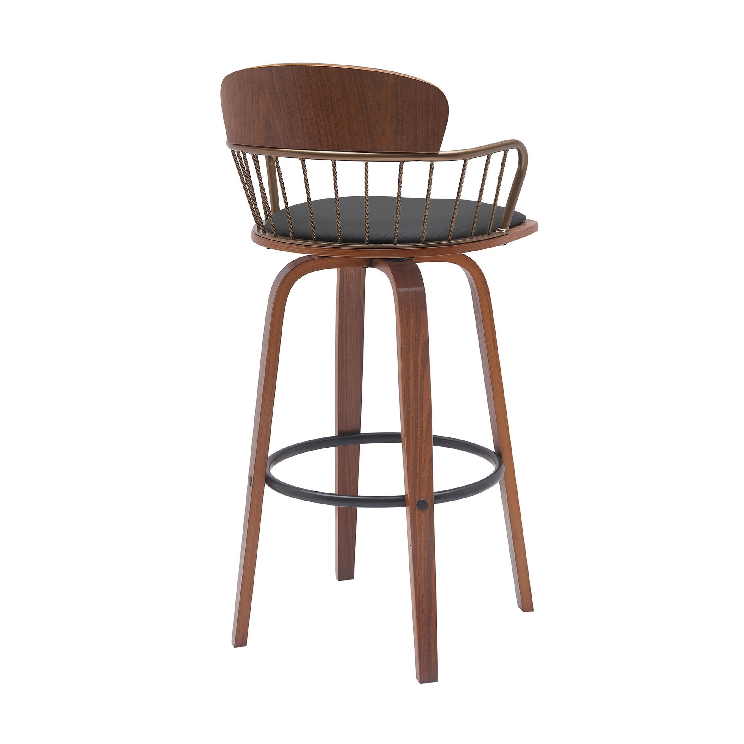Wiz 30 Inch Barstool Chair, Slatted Back, Black Faux Leather, Walnut Brown - Saltoro Sherpi