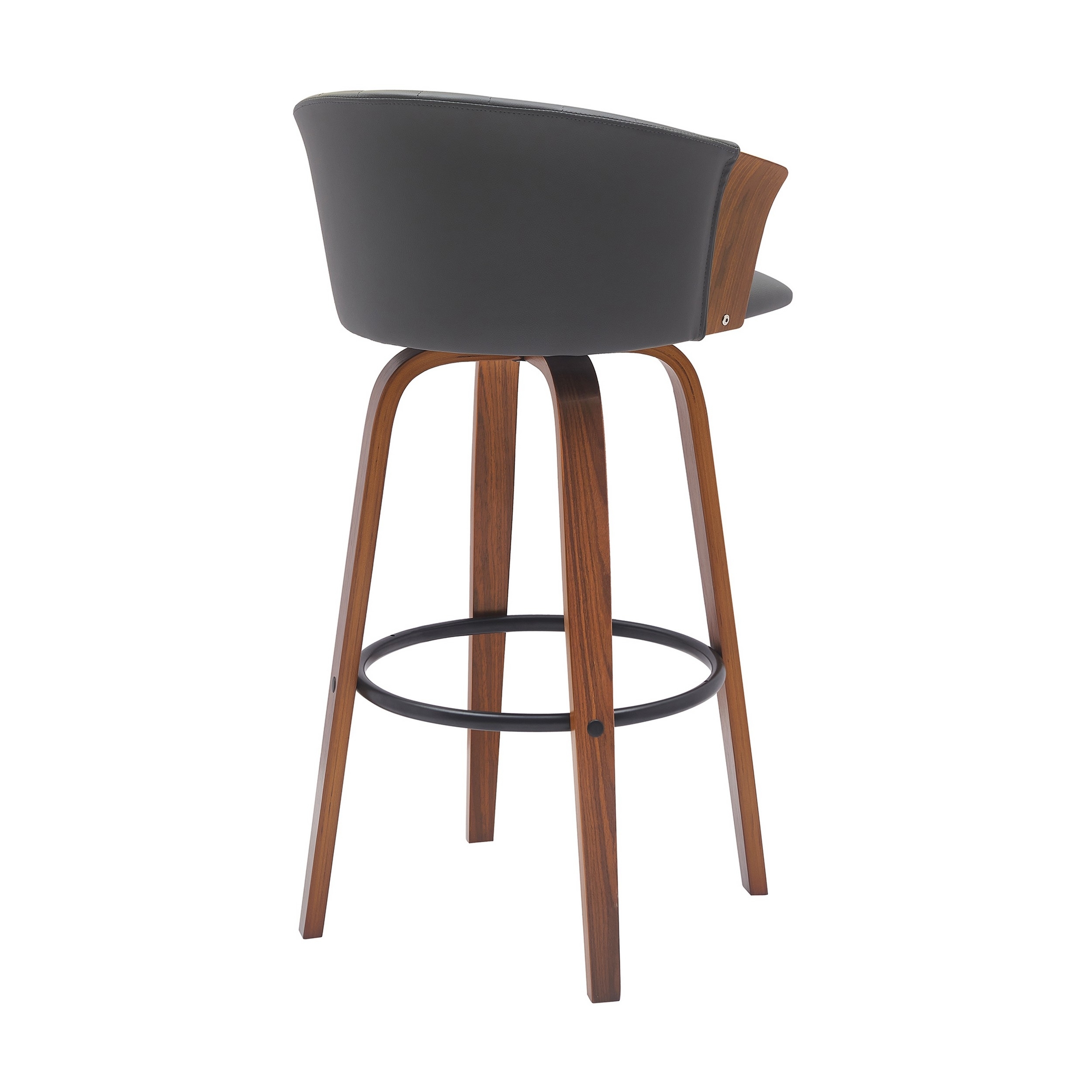 Oja 30 Inch Swivel Barstool Chair, Gray Faux Leather, Curved, Walnut Brown - Saltoro Sherpi