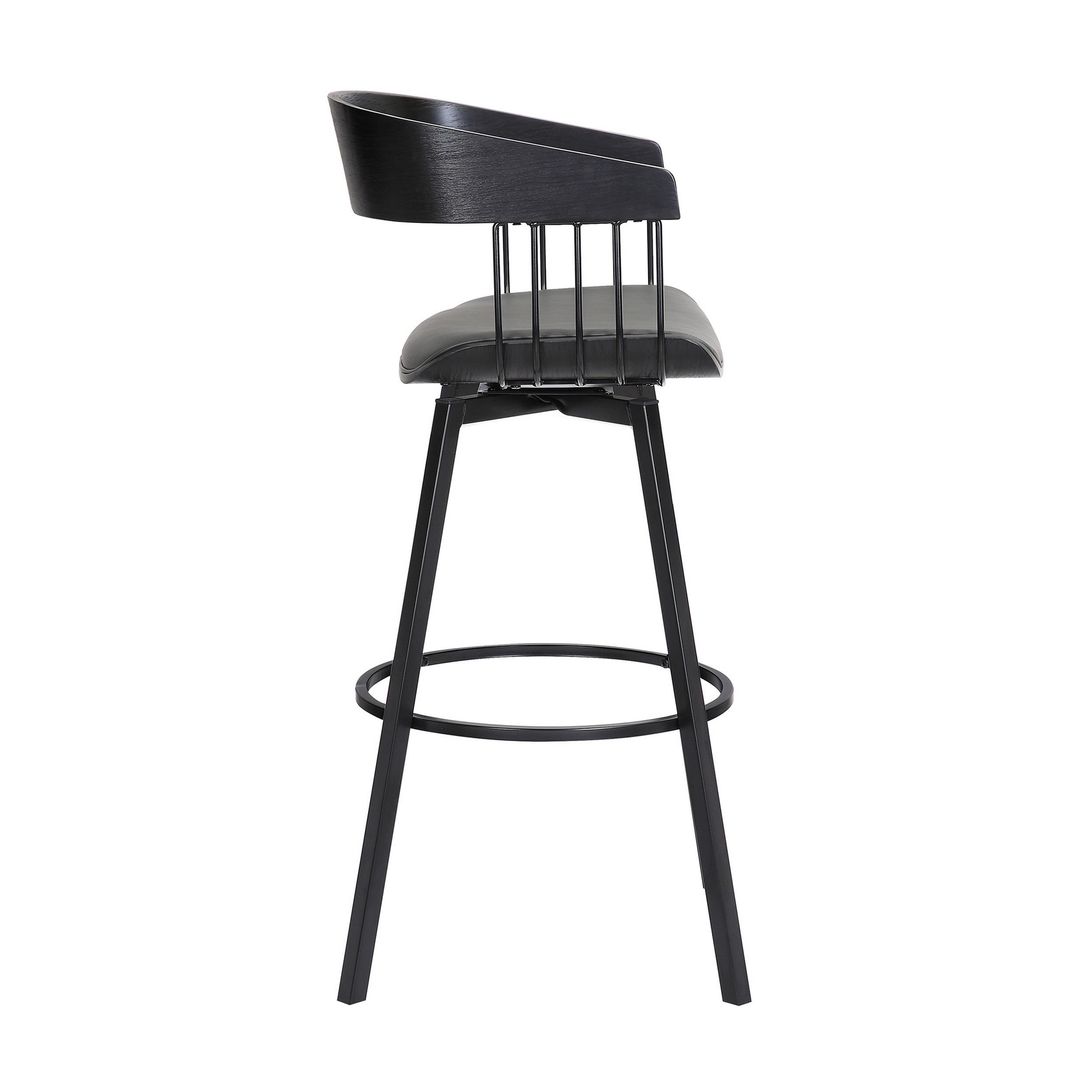 Vera 27 Inch Swivel Counter Stool Chair, Black Open Back, Gray Faux Leather - Saltoro Sherpi