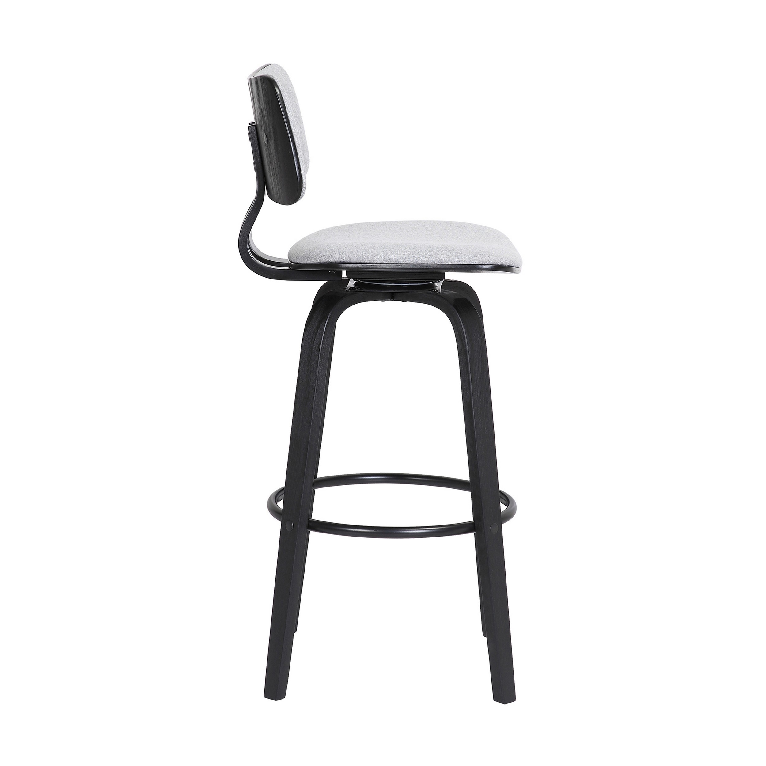 Pino 30 Inch Swivel Barstool Chair, Light Gray Fabric, Black Wood Frame - Saltoro Sherpi