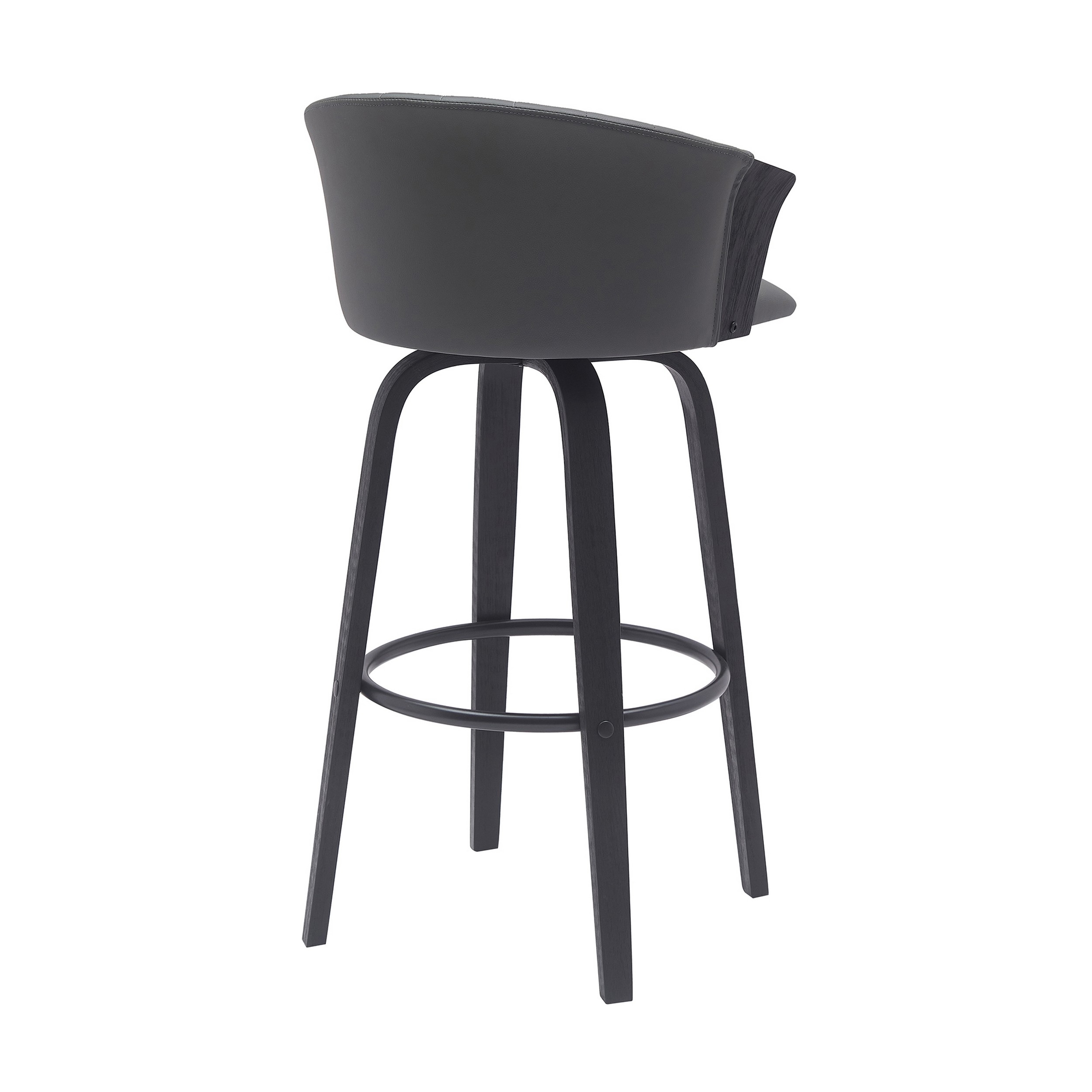 Oja 30 Inch Swivel Barstool Chair, Faux Leather, Curved Back, Black Wood - Saltoro Sherpi