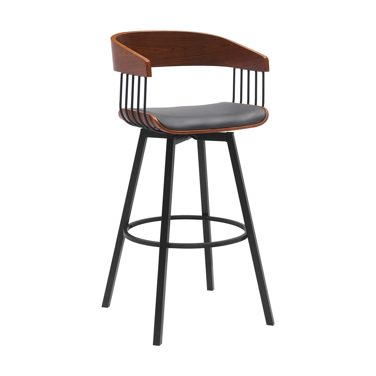 Vera 31 Inch Swivel Barstool Chair, Curved Open Back, Walnut Brown, Gray - Saltoro Sherpi