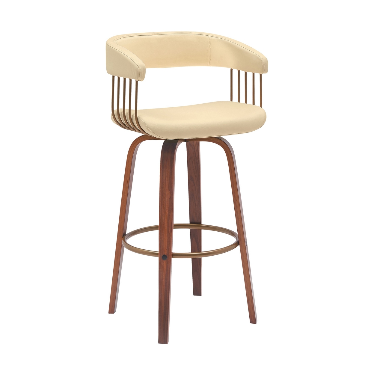 Maya 31 Inch Swivel Barstool Chair, Cream Faux Leather, Bronze Walnut Brown - Saltoro Sherpi