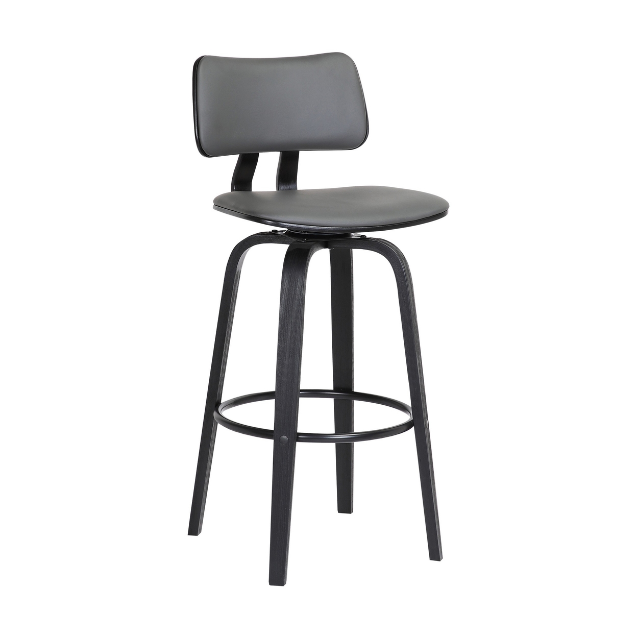 Pino 30 Inch Swivel Barstool Chair, Gray Faux Leather, Black Wood Legs - Saltoro Sherpi