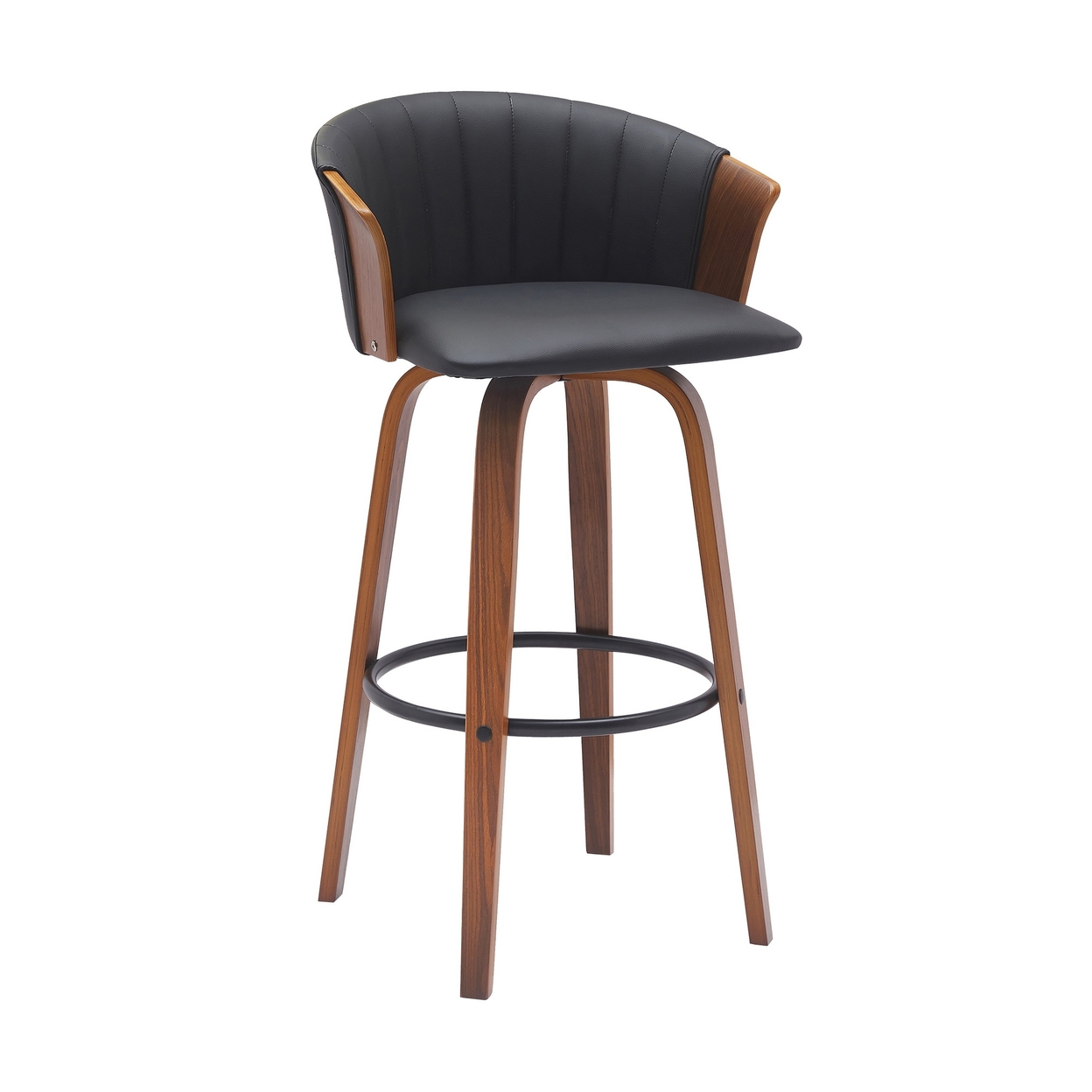 Oja 30 Inch Swivel Barstool Chair, Black Faux Leather, Curved, Walnut Brown - Saltoro Sherpi