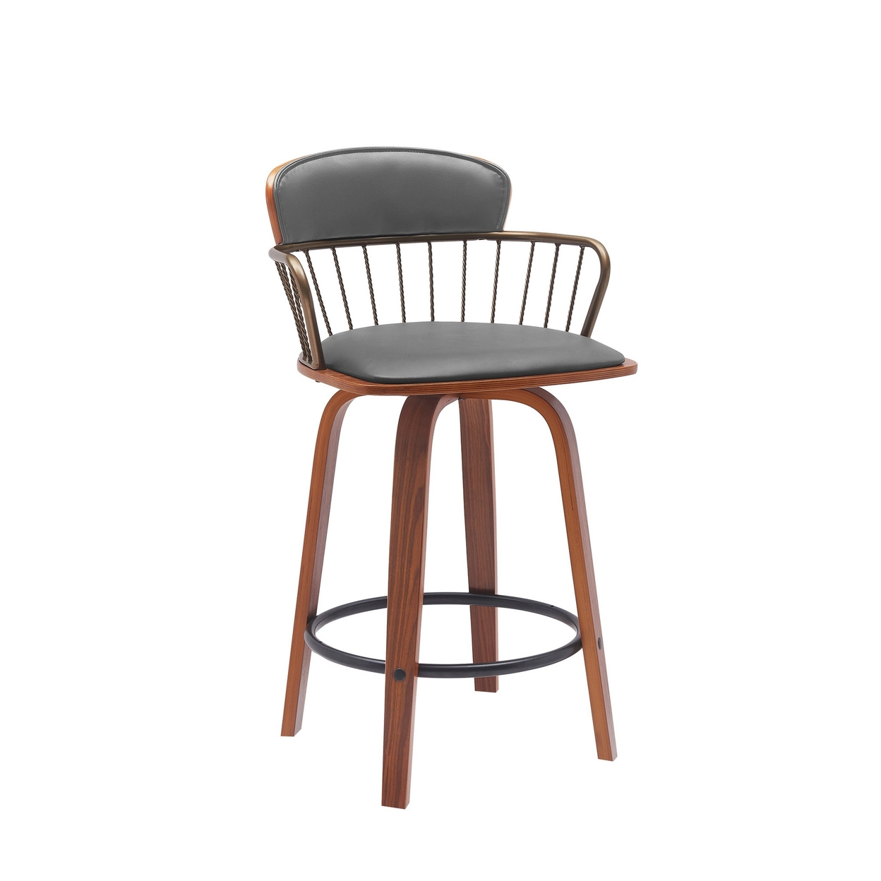 Wiz 26 Inch Counter Stool Chair, Slatted, Gray Faux Leather, Walnut Brown - Saltoro Sherpi