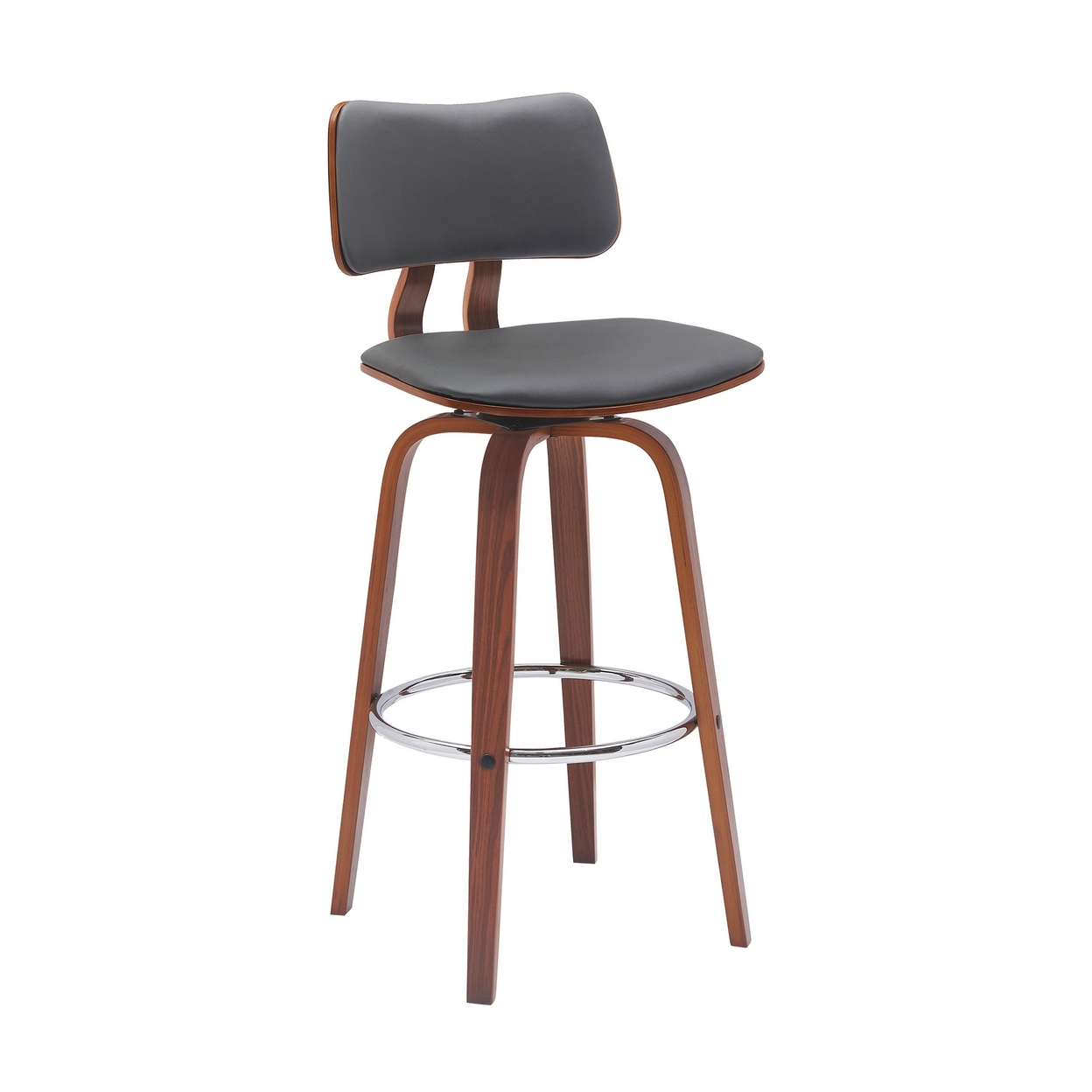 Pino 30 Inch Swivel Barstool Chair, Gray Faux Leather, Walnut Brown Wood - Saltoro Sherpi