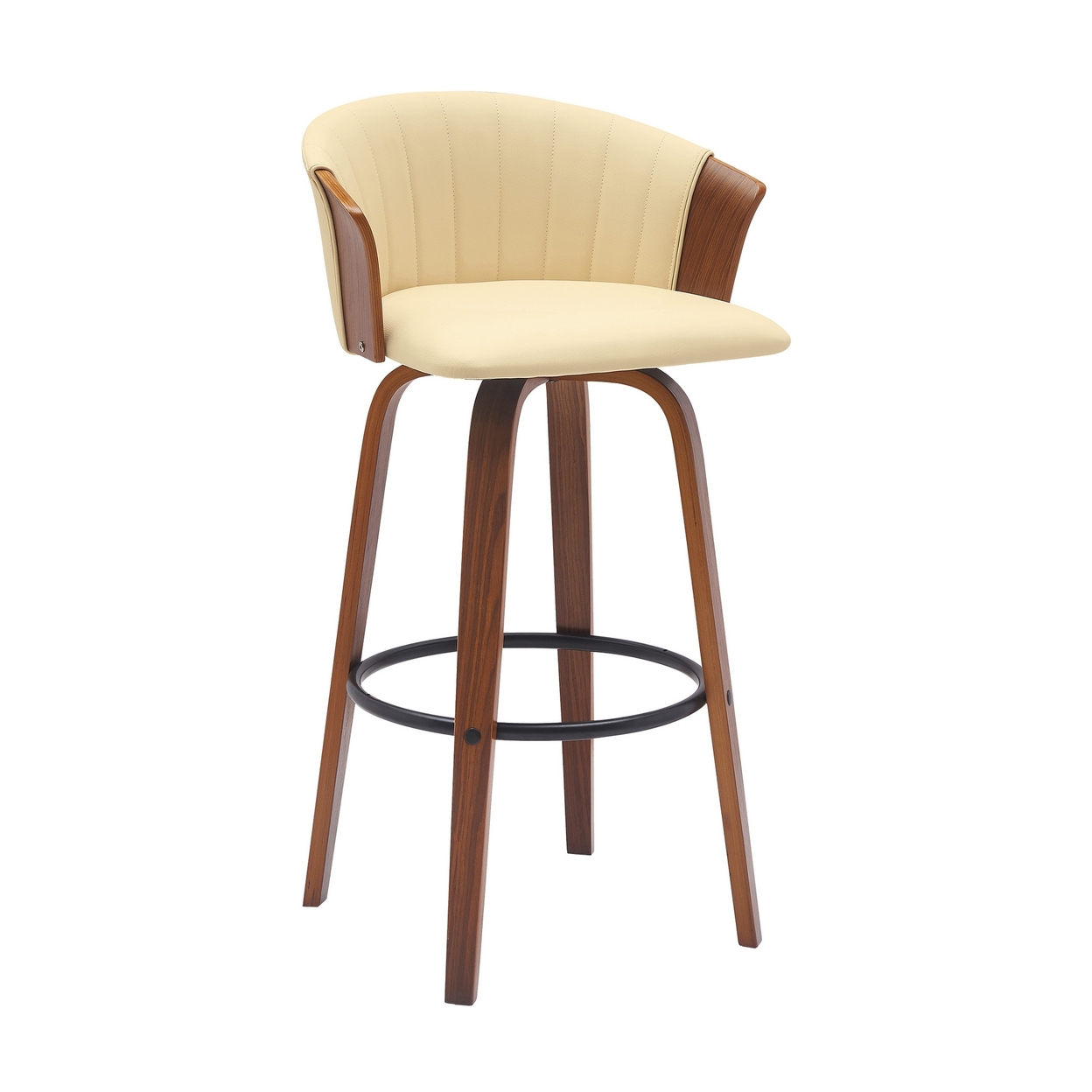 Oja 30 Inch Swivel Barstool Chair, Cream Faux Leather, Curved, Walnut Brown - Saltoro Sherpi