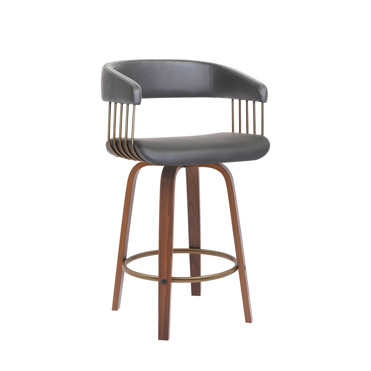 Maya 26 Inch Swivel Counter Chair, Gray Faux Leather, Bronze, Walnut Brown - Saltoro Sherpi