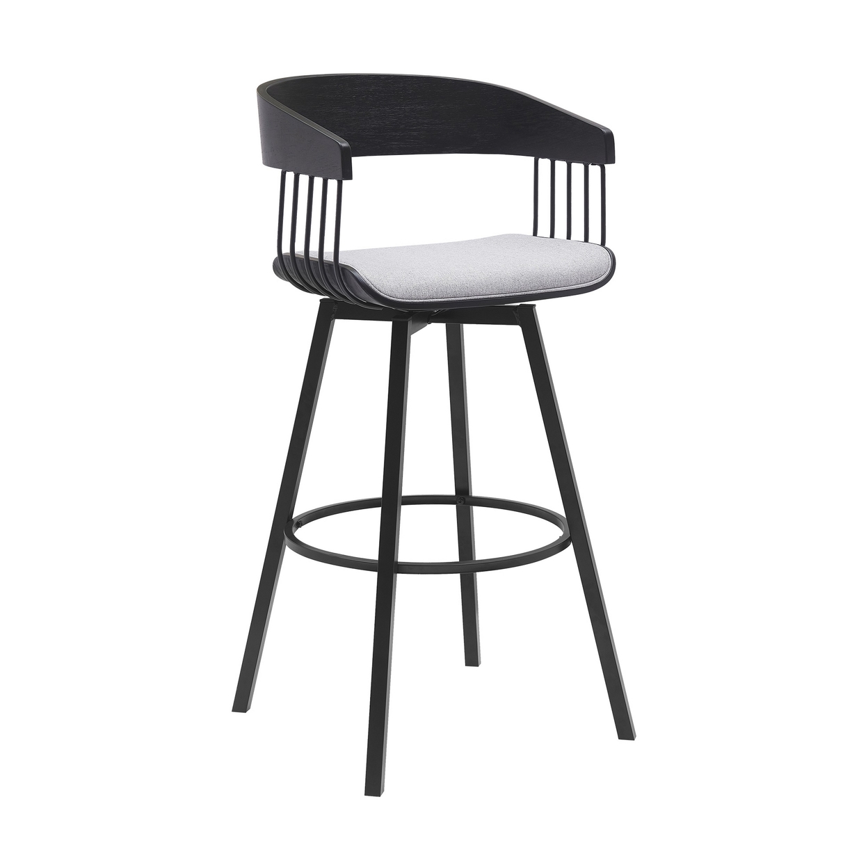 Vera 31 Inch Swivel Barstool Chair, Curved, Black Base, Light Gray Fabric - Saltoro Sherpi