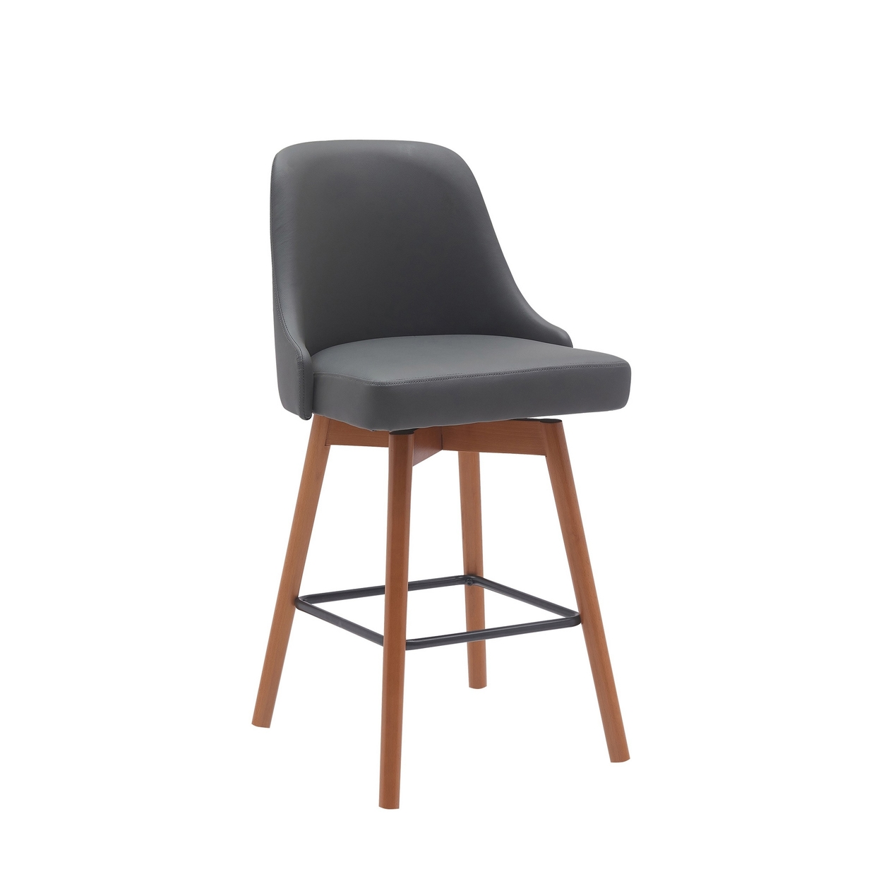 Sean 26 Inch Counter Stool Chair, Swivel, Parson, Gray Faux Leather, Brown - Saltoro Sherpi