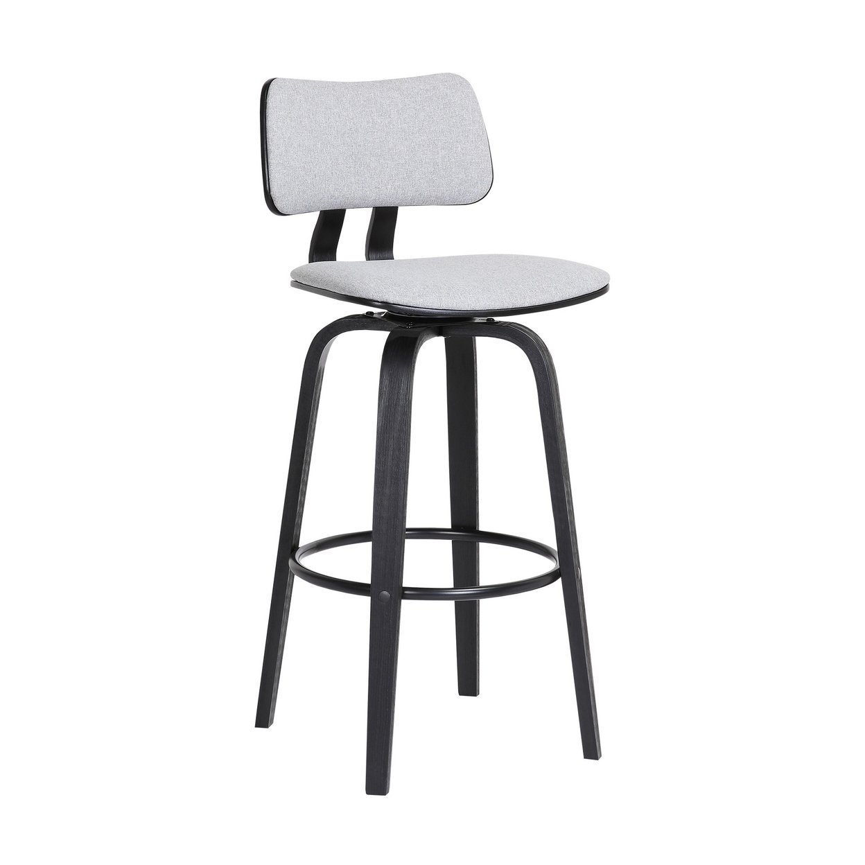 Pino 30 Inch Swivel Barstool Chair, Light Gray Fabric, Black Wood Frame - Saltoro Sherpi