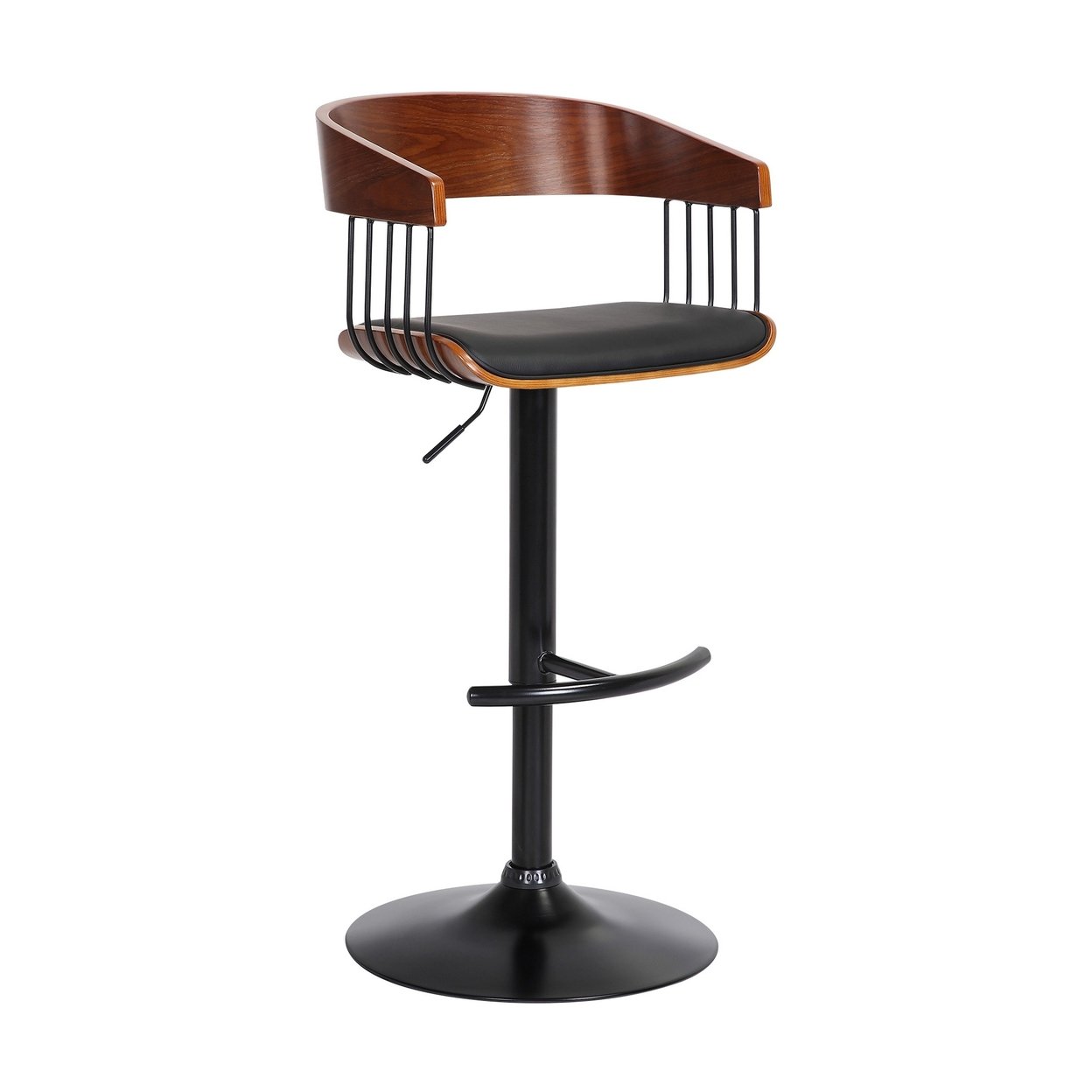 Lizo Barstool Chair, 24-33 Inch Adjustable Height, Curved, Walnut, Black - Saltoro Sherpi