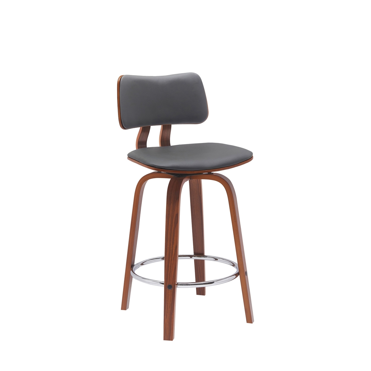 Pino 26 Inch Swivel Counter Stool Chair, Gray Faux Leather, Walnut Brown - Saltoro Sherpi