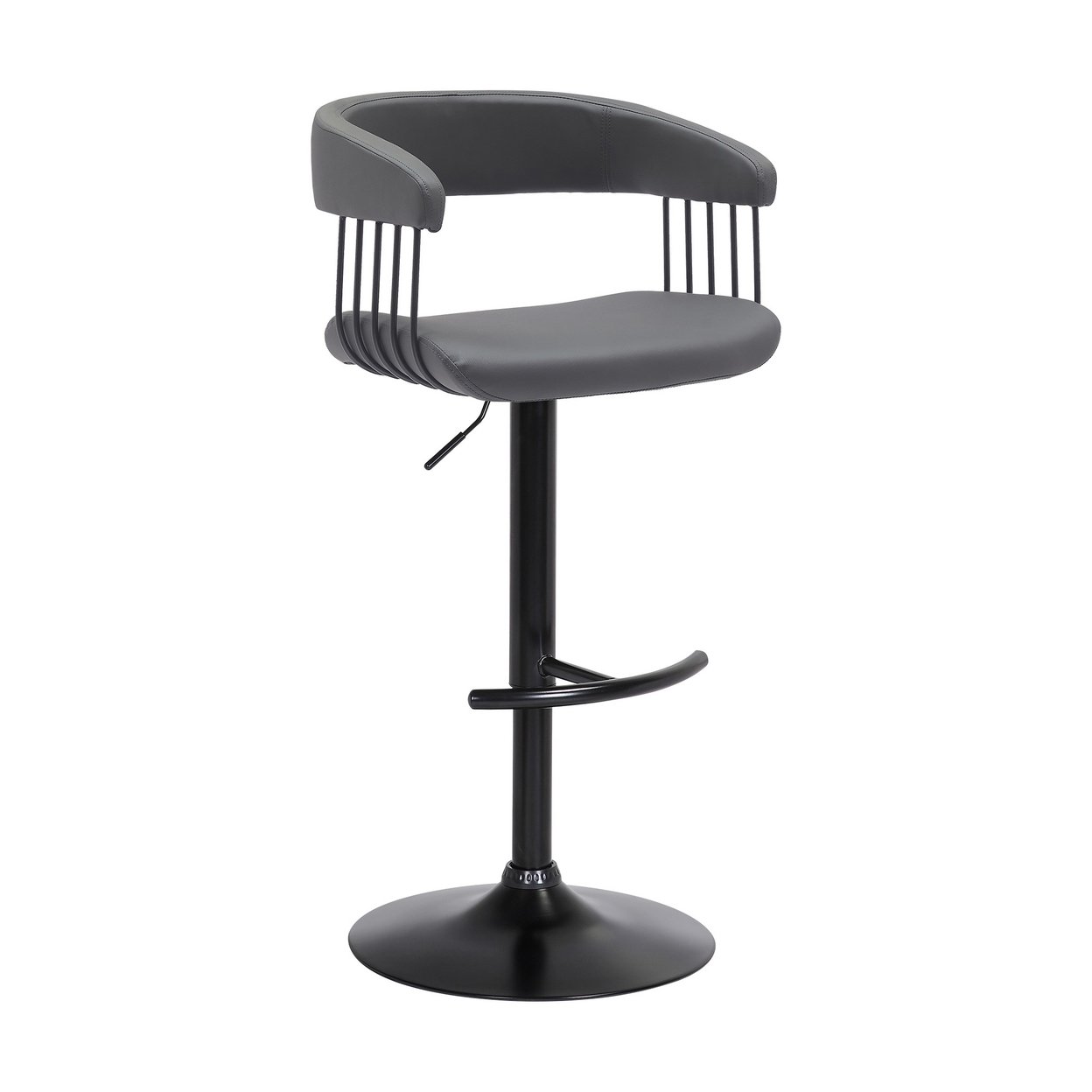 Arya Barstool Chair, 24-33 Inch Adjustable Height, Gray Faux Leather, Black - Saltoro Sherpi