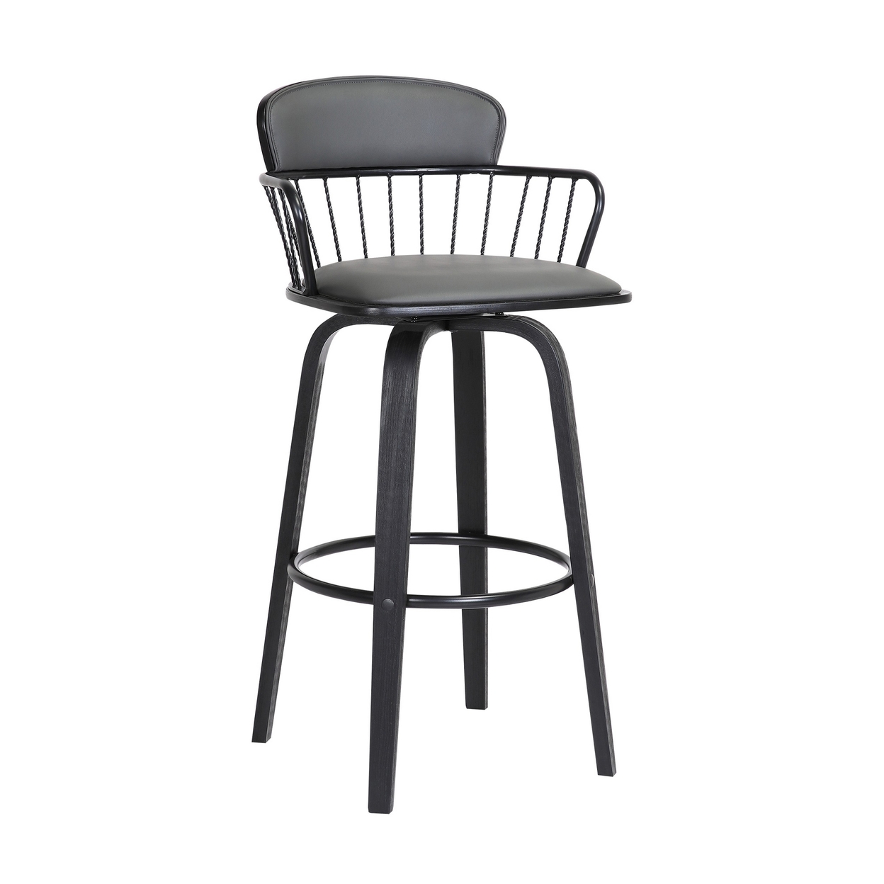 Wiz 26 Inch Counter Stool Chair, Slatted, Gray Faux Leather, Black Wood - Saltoro Sherpi