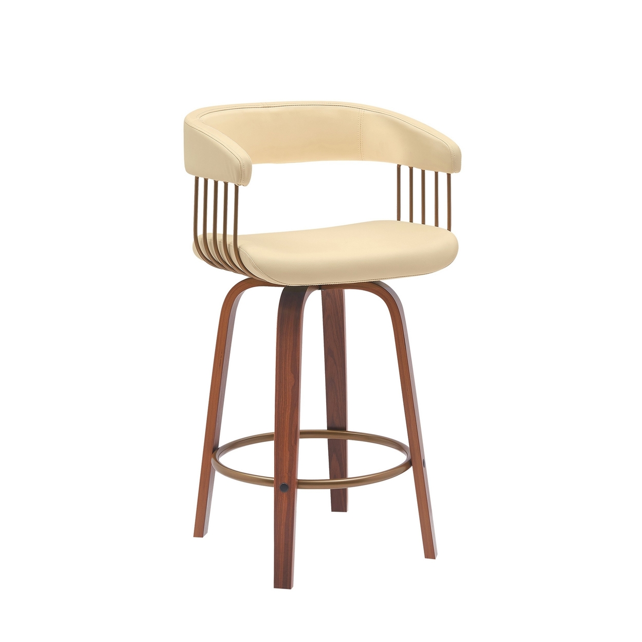 Maya 26 Inch Swivel Counter Chair, Cream Faux Leather, Bronze, Walnut Brown - Saltoro Sherpi