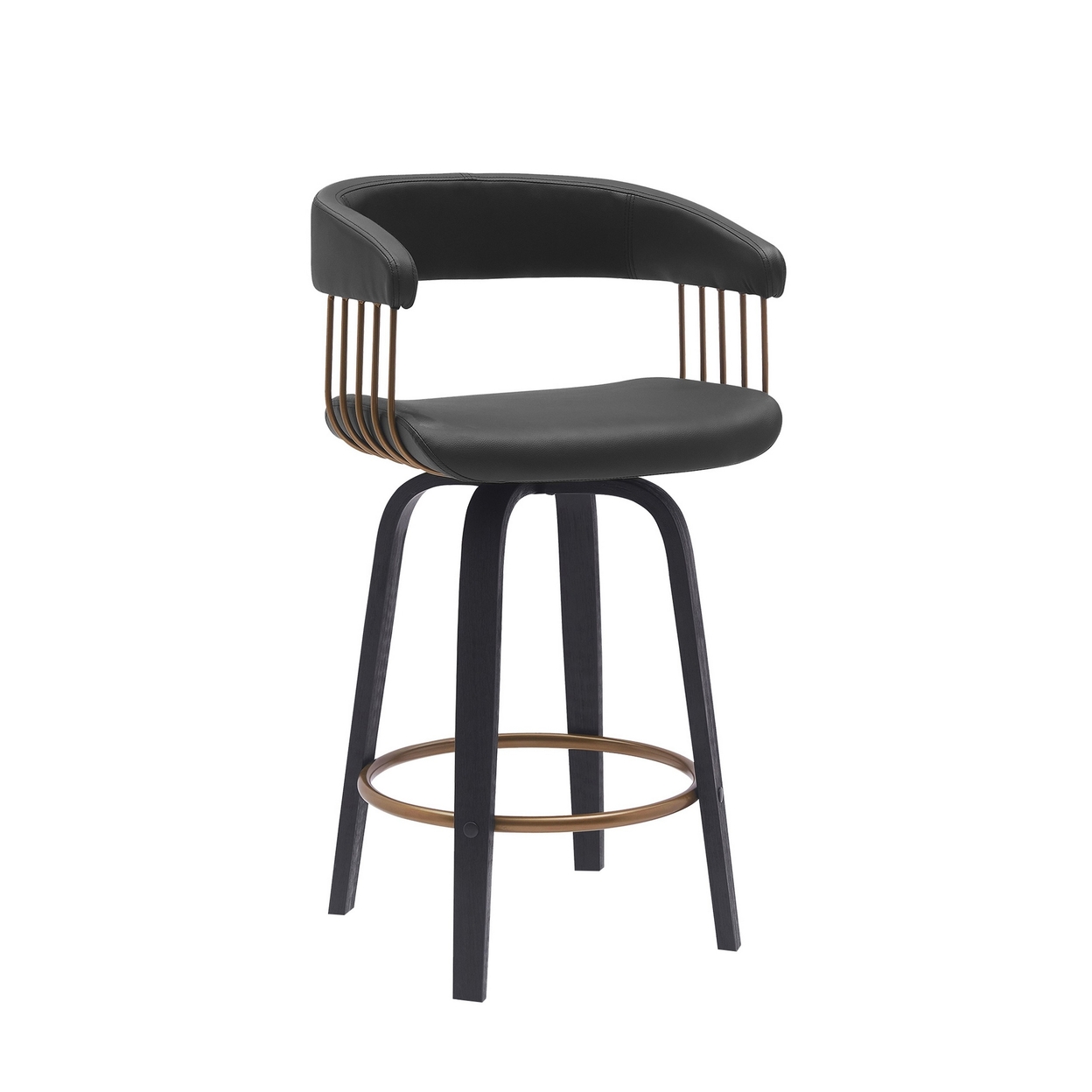 Maya 26 Inch Swivel Counter Chair, Black Faux Leather, Bronze Metal Slats - Saltoro Sherpi