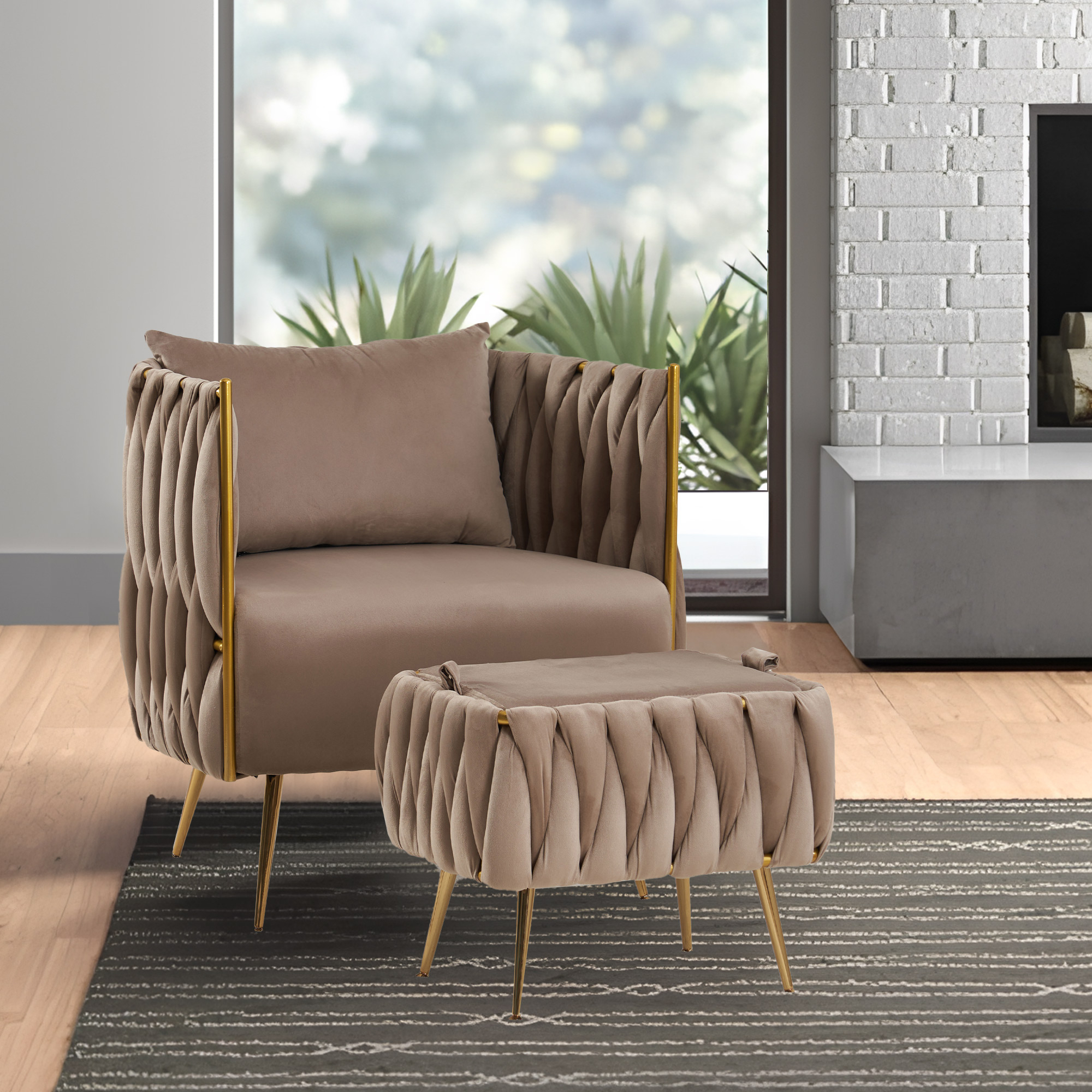 Modern Velvet Accent Chairs Hand Weaving Accent Upholstered Side Chair With Ottoman Footrest, Barrel Chair For Living Room