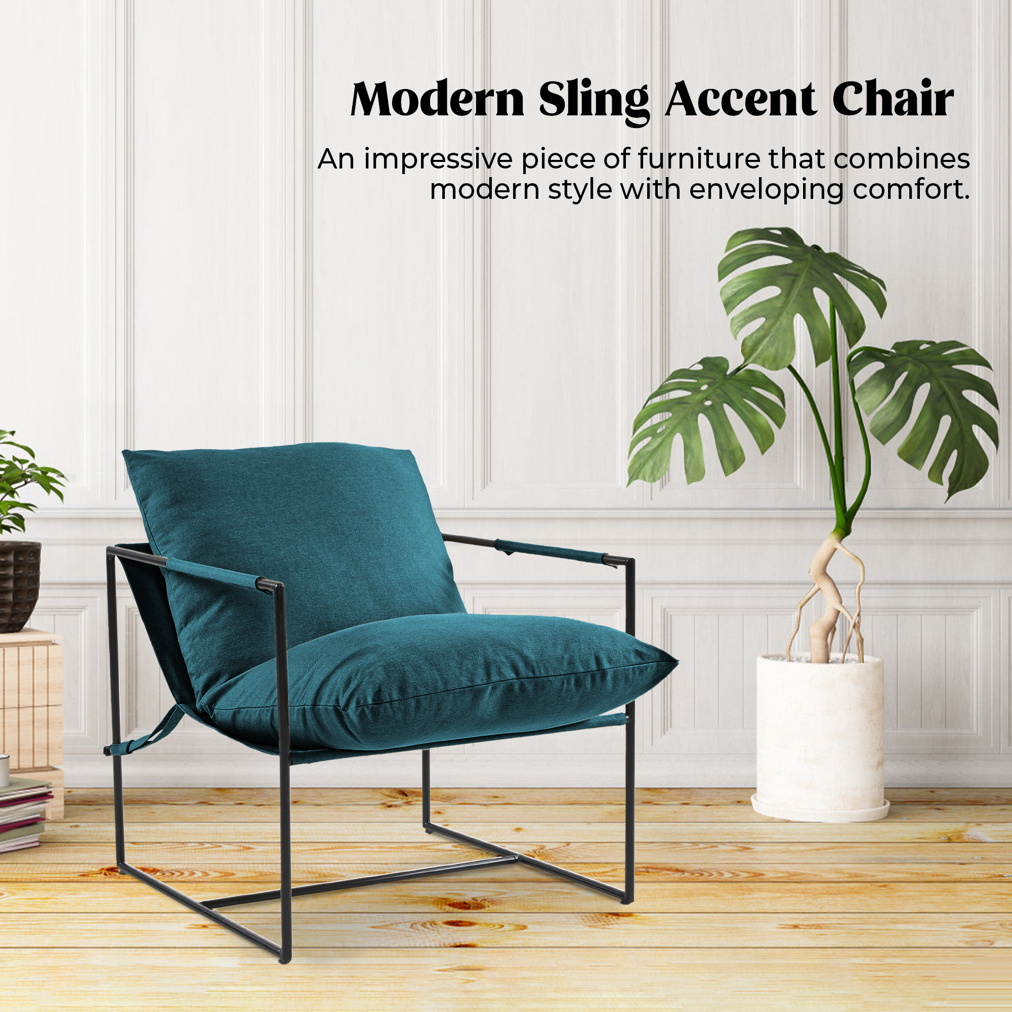 Upholstered Sling Accent Chair With Metal Frame Modern Style, Peacock Blue