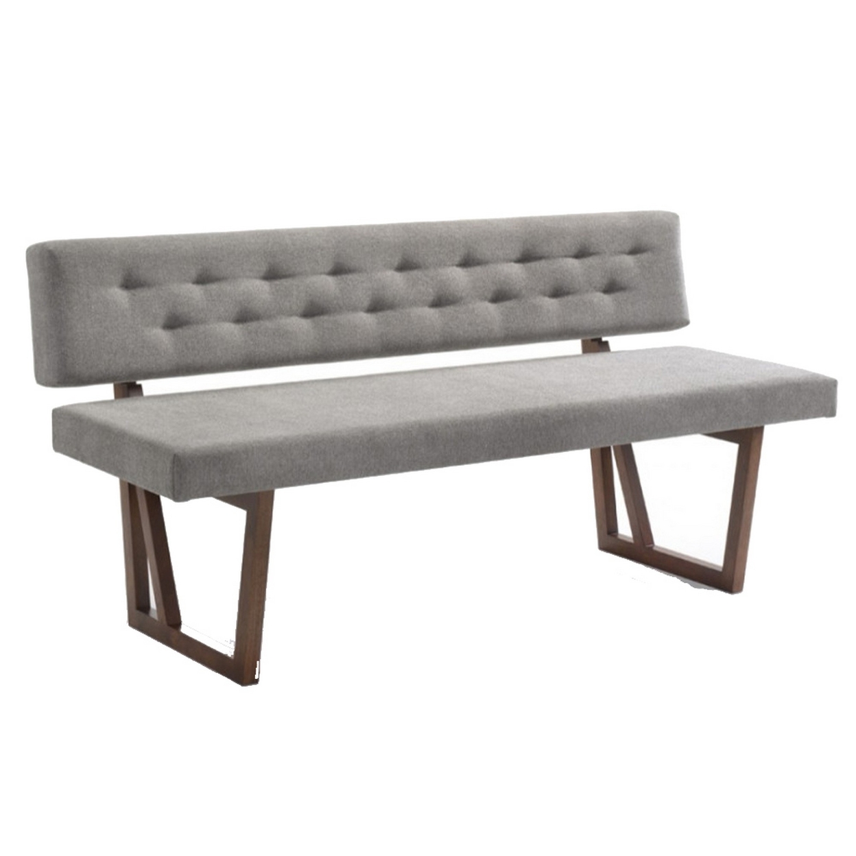 Fabric Upholstered Dining Bench With Rubber Wood Feet, Gray And Walnut Brown- Saltoro Sherpi