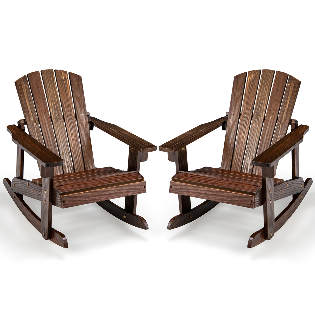 2PCS Kid Adirondack Rocking Chair Outdoor Solid Wood Slatted Seat Backrest - Coffee