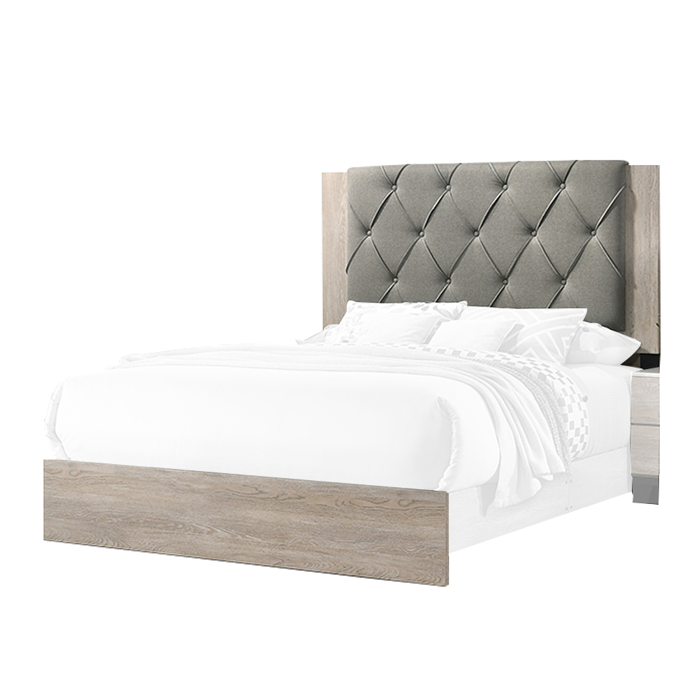 Wooden Queen Bed With Button Tufted Upholstered Headboard, Gray And Cream- Saltoro Sherpi