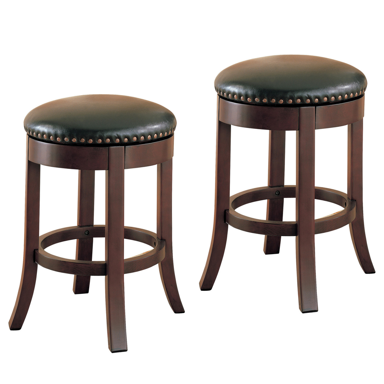 Round Wooden Counter Height Stool With Upholstered Seat, Brown, Set Of 2- Saltoro Sherpi