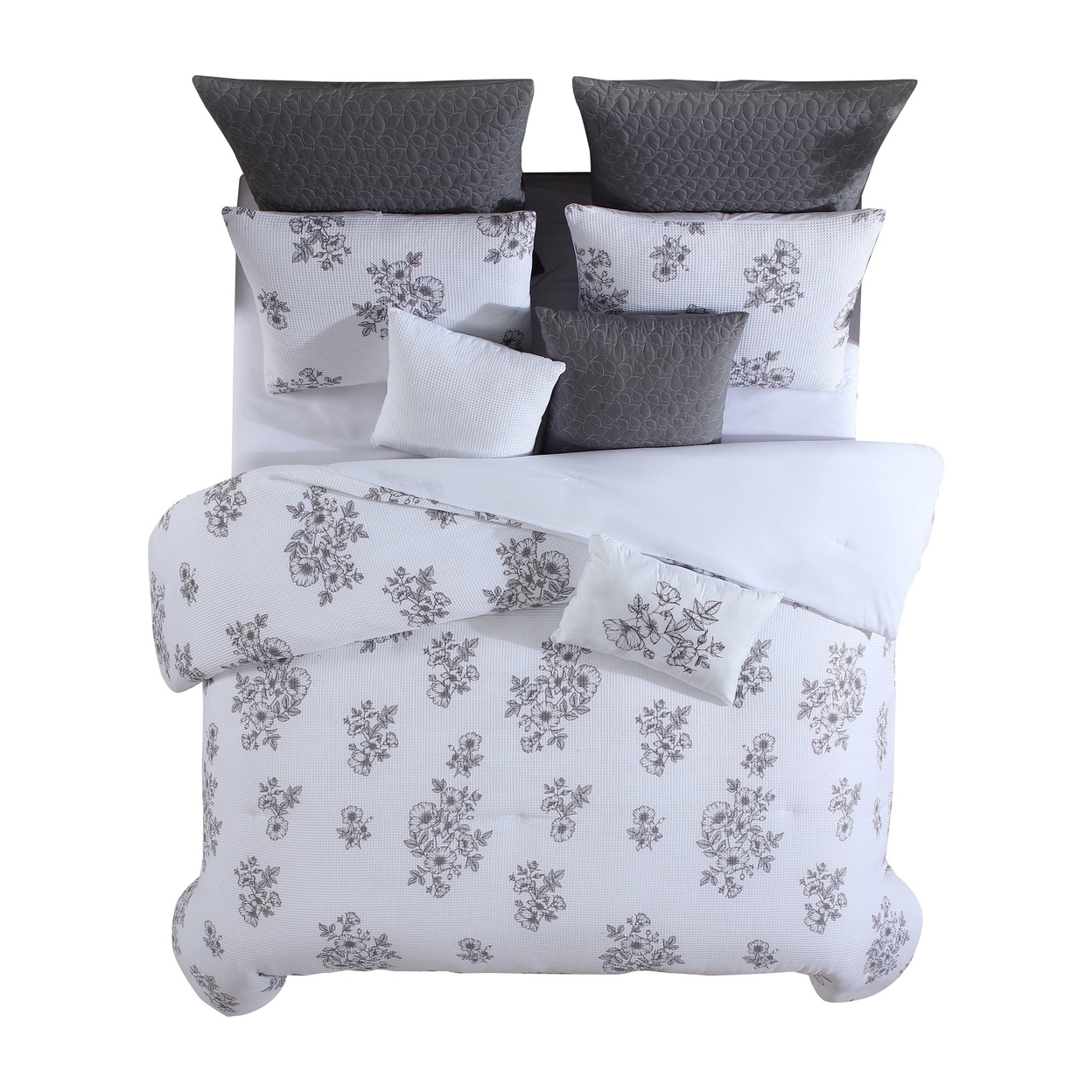 Kuri 8pc Microfiber King Comforter Set, White Gray Floral By The Urban Port- Saltoro Sherpi
