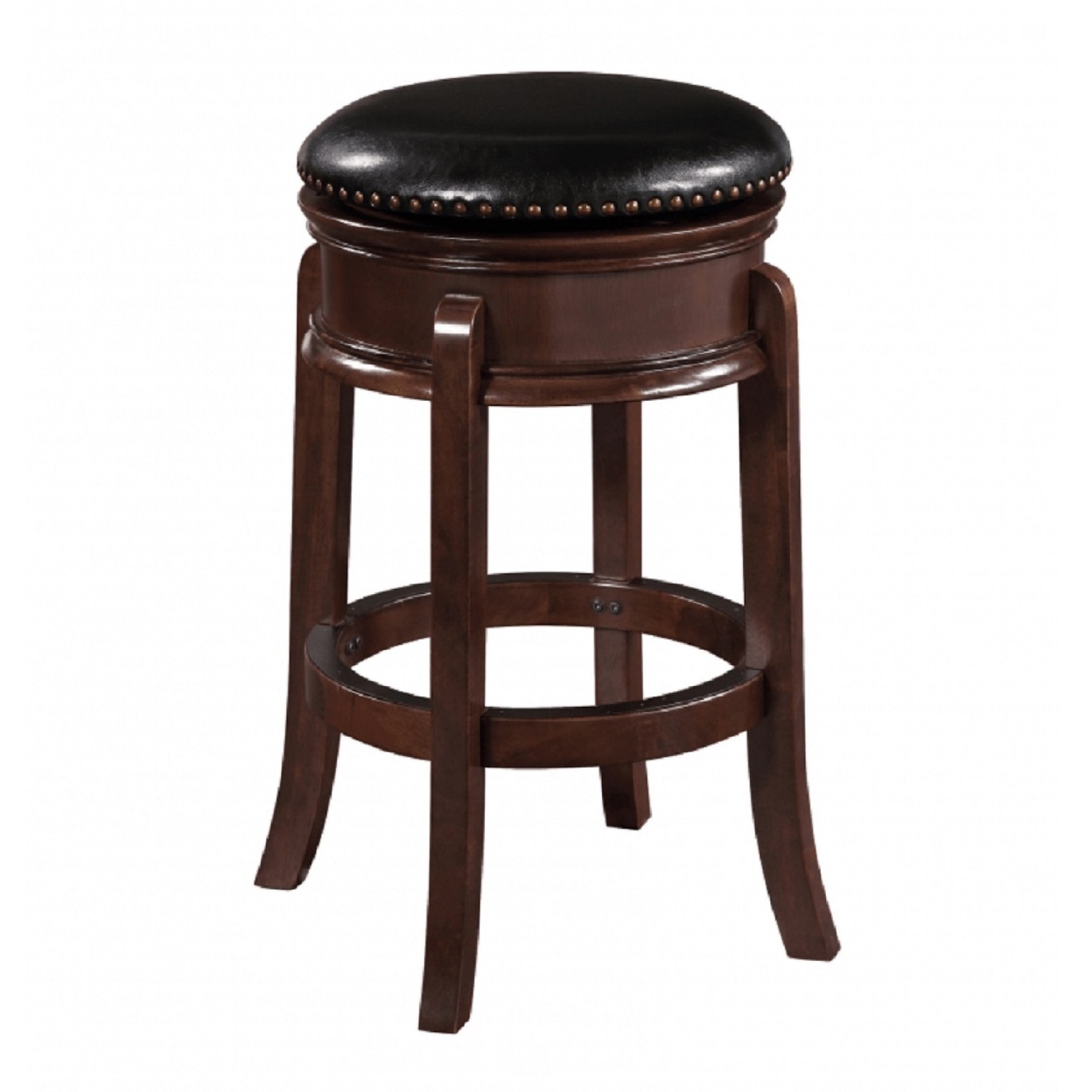 Sabi 29 Inch Swivel Counter Stool, Solid Wood, Faux Leather, Espresso Brown, Black