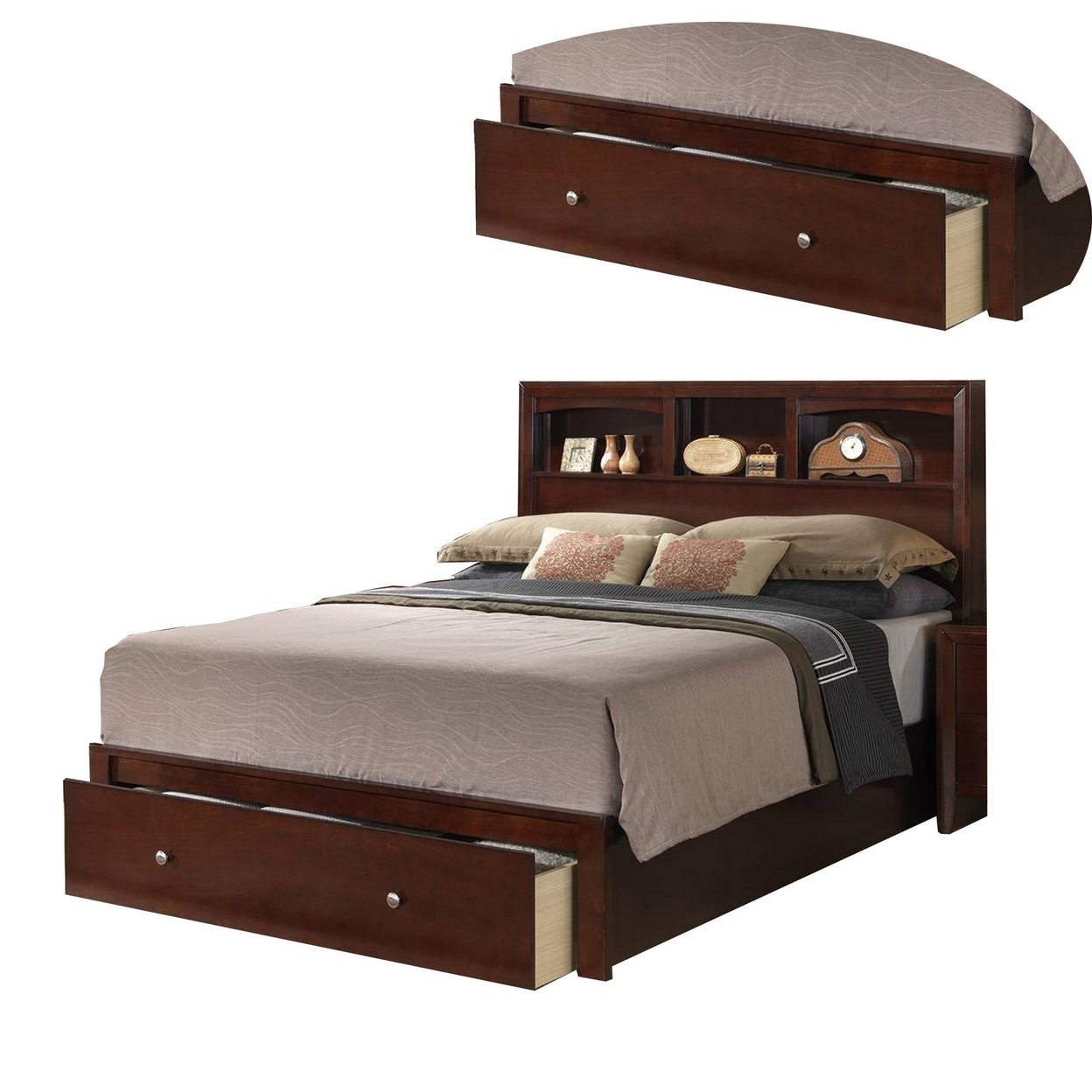 Queen Bed With Storage Footboard, Bookcase Headboard, Modern Cherry Brown- Saltoro Sherpi