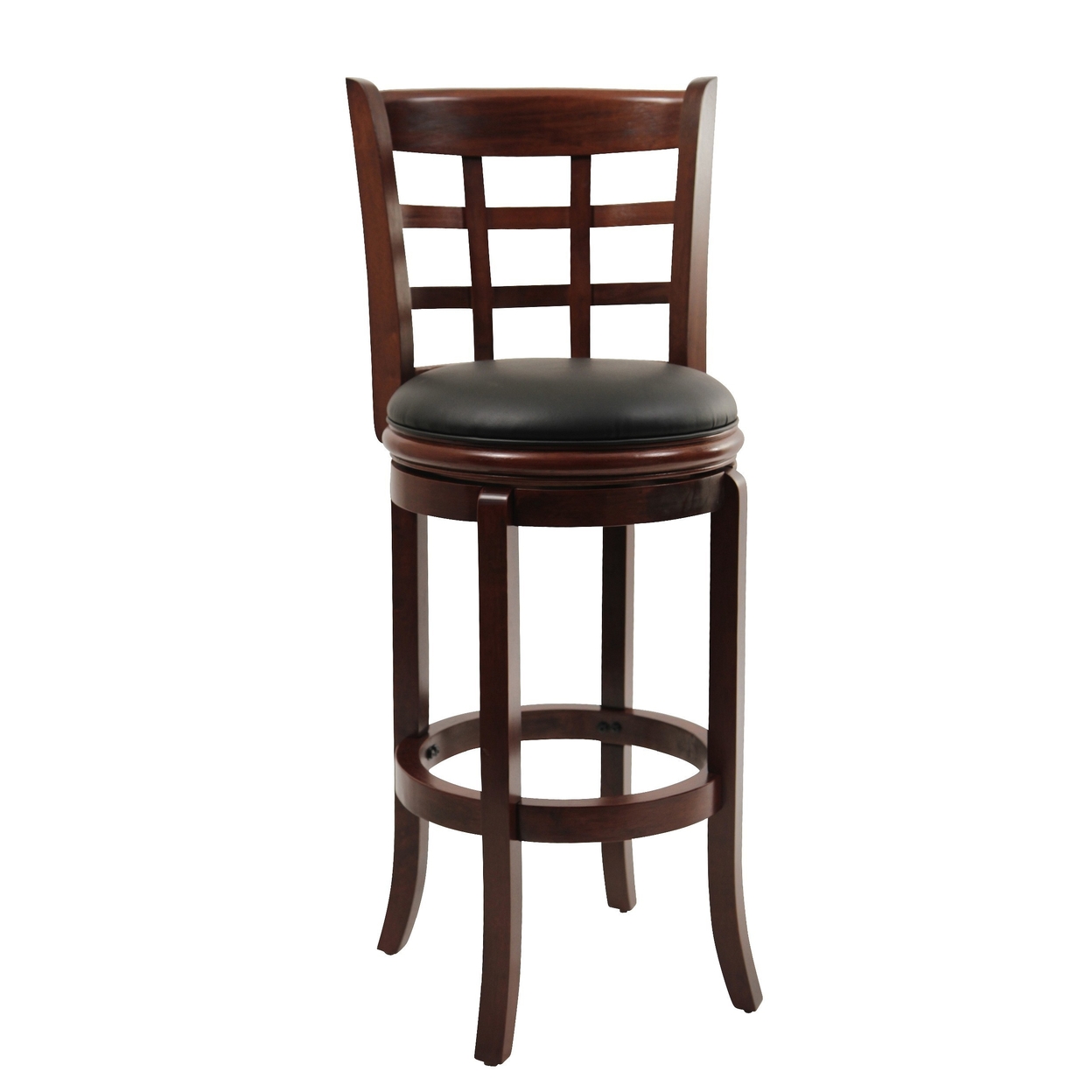 Sabi 29 Inch Swivel Counter Stool, Tall, Solid Wood, Faux Leather, Brown, Black