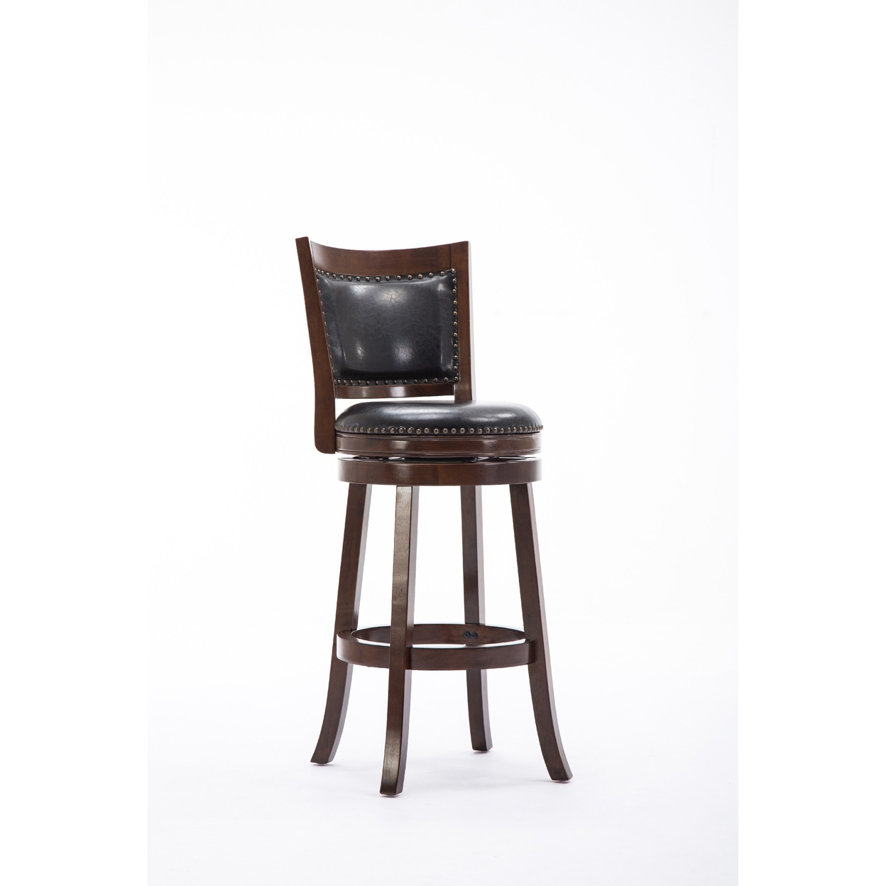Sabi 29 Inch Swivel Counter Stool, Tall, Solid Wood, Faux Leather, Brown, Black