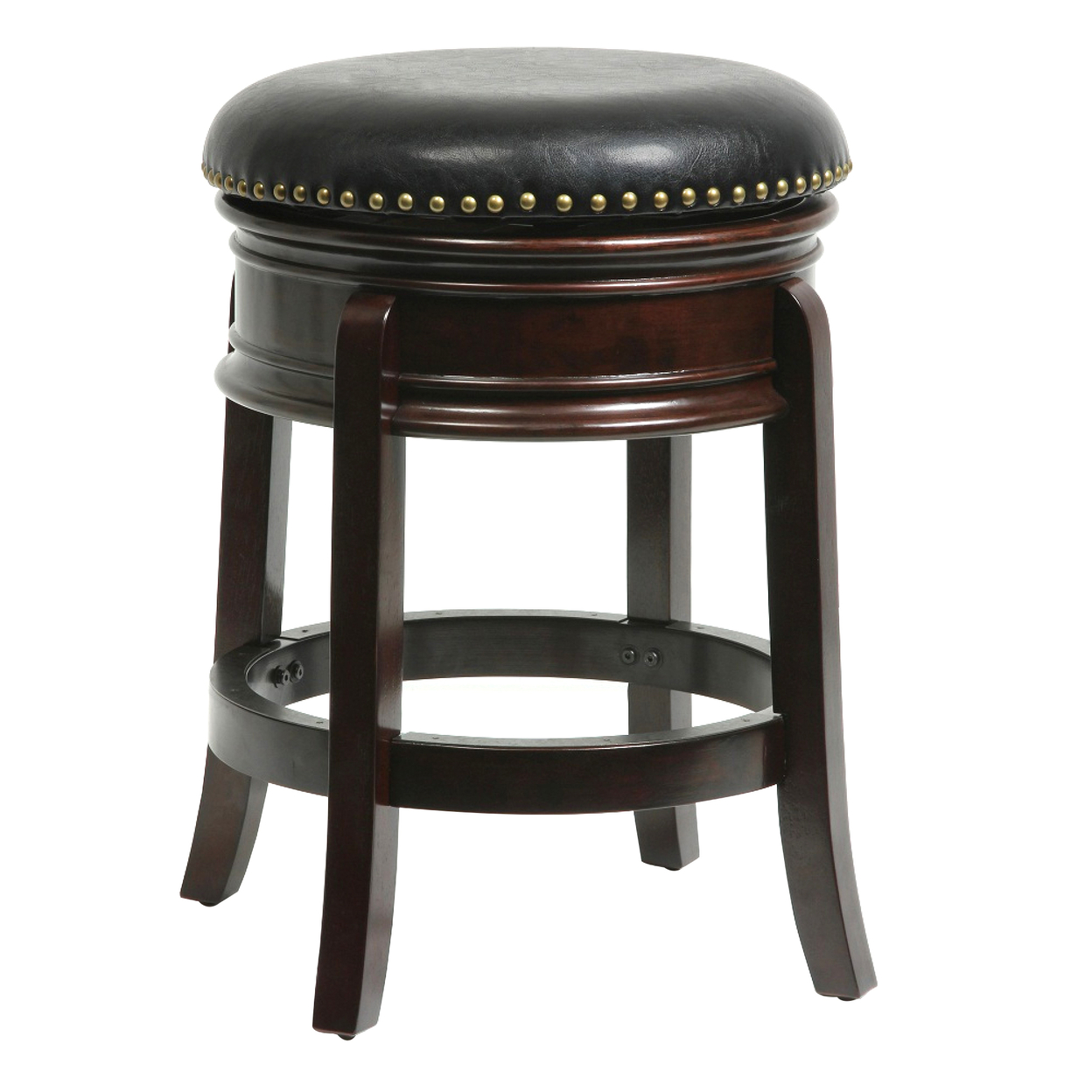 Sabi 24 Inch Swivel Counter Stool, Solid Wood, Faux Leather, Espresso Brown, Black