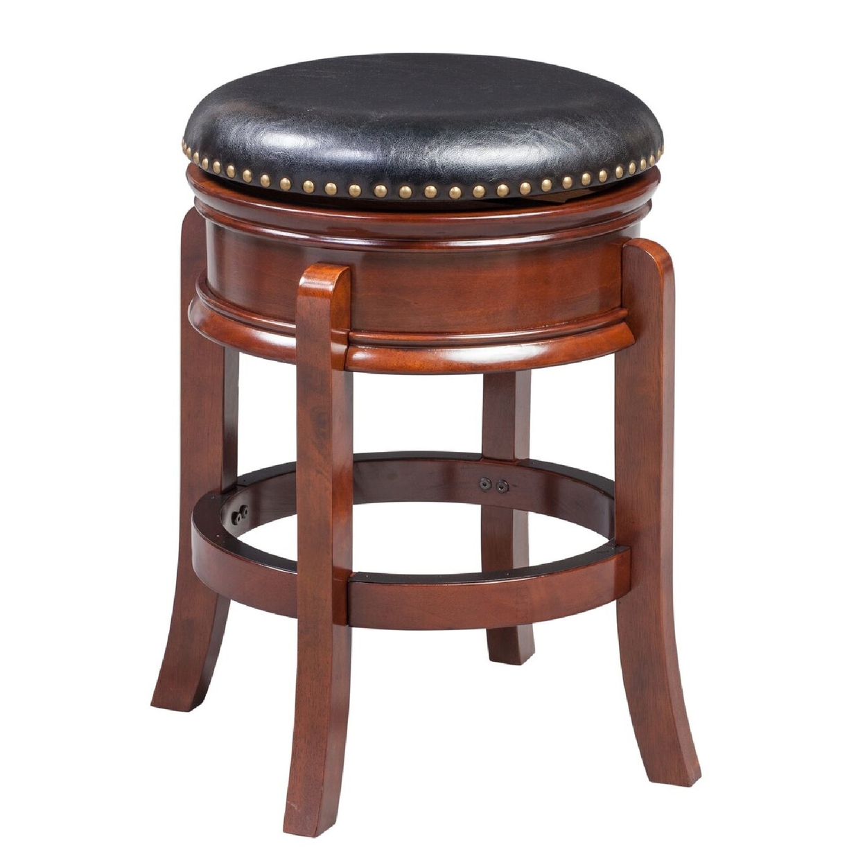 Sabi 24 Inch Swivel Counter Stool, Solid Wood, Faux Leather, Dark Brown, Black