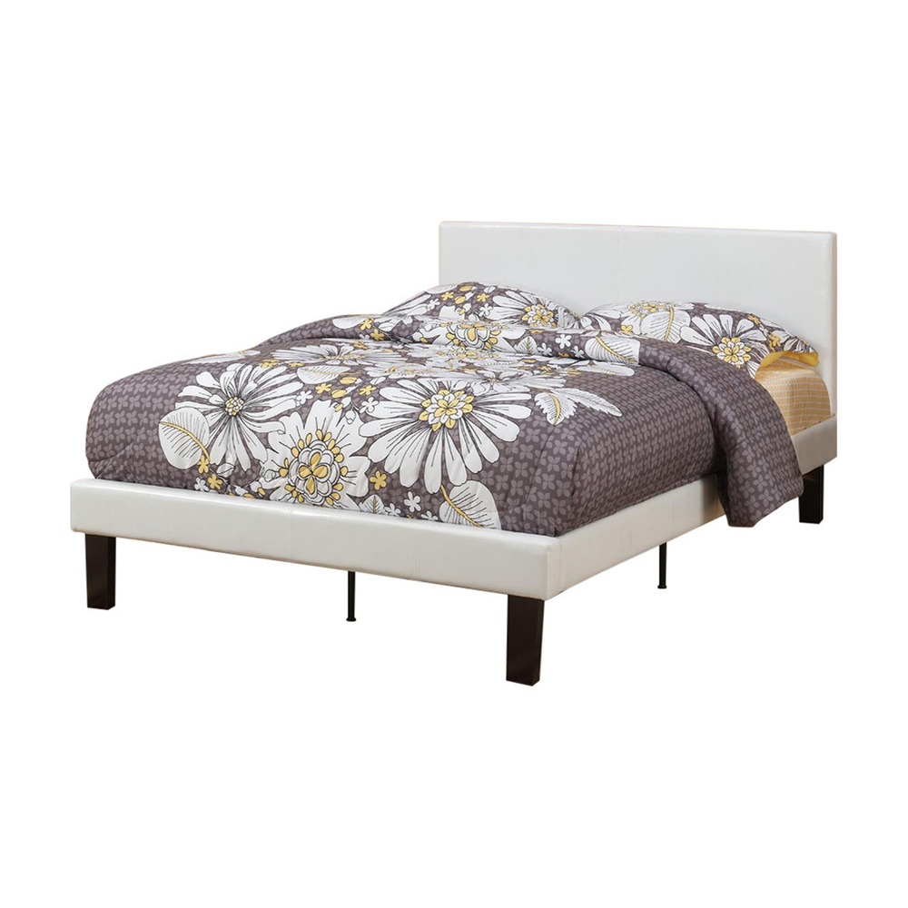 Serene Slated Wooden Full Bed In Faux Leather 12 Slats, White- Saltoro Sherpi