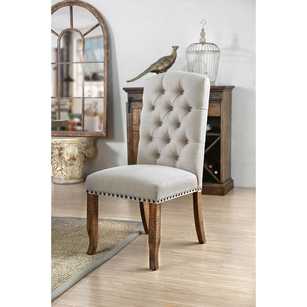 Button Tufted Fabric Upholstery Side Chair, Cream And Brown, Pack Of Two- Saltoro Sherpi