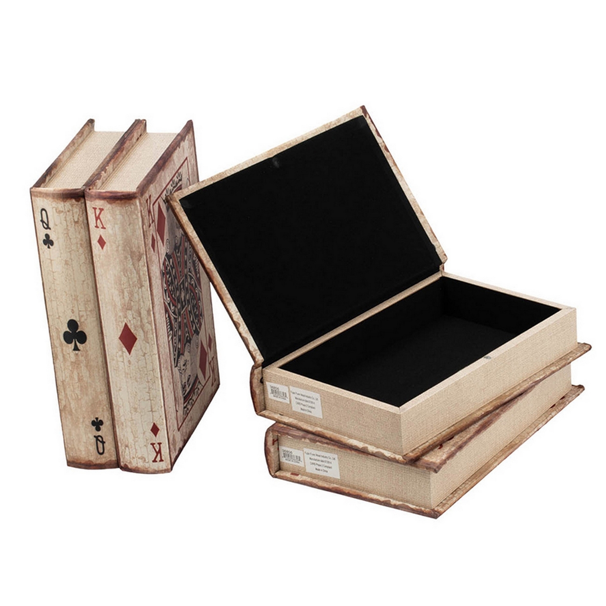 Set Of 4 Storage Boxes, Bookshelf Design, Playing Card Print, Antique Brown- Saltoro Sherpi