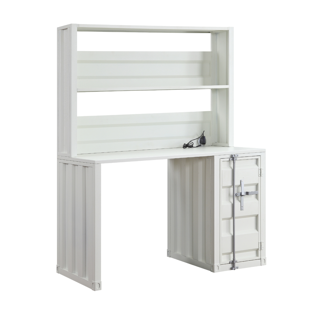 Metal Base Desk And Hutch With Slated Pattern And Storage Compartment, White- Saltoro Sherpi