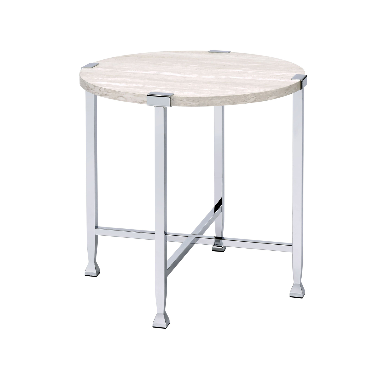 End Table With X Shaped Metal Base And Round Wooden Top,Silver And Beige- Saltoro Sherpi