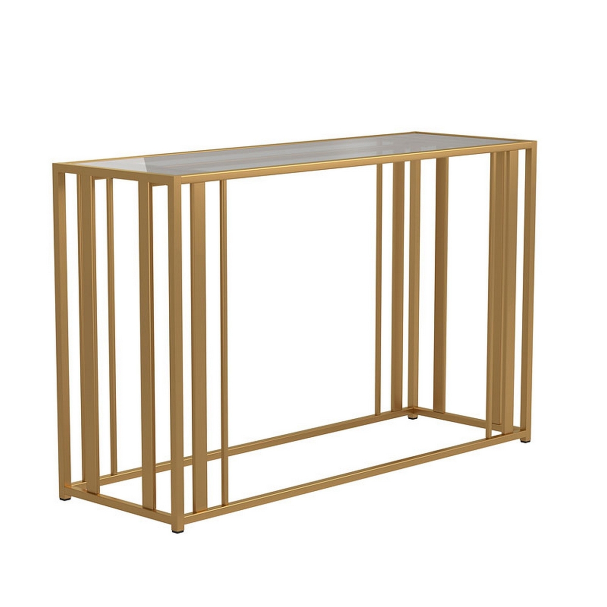 Glass Top Sofa Table With Metal Tubular Base, Brass- Saltoro Sherpi