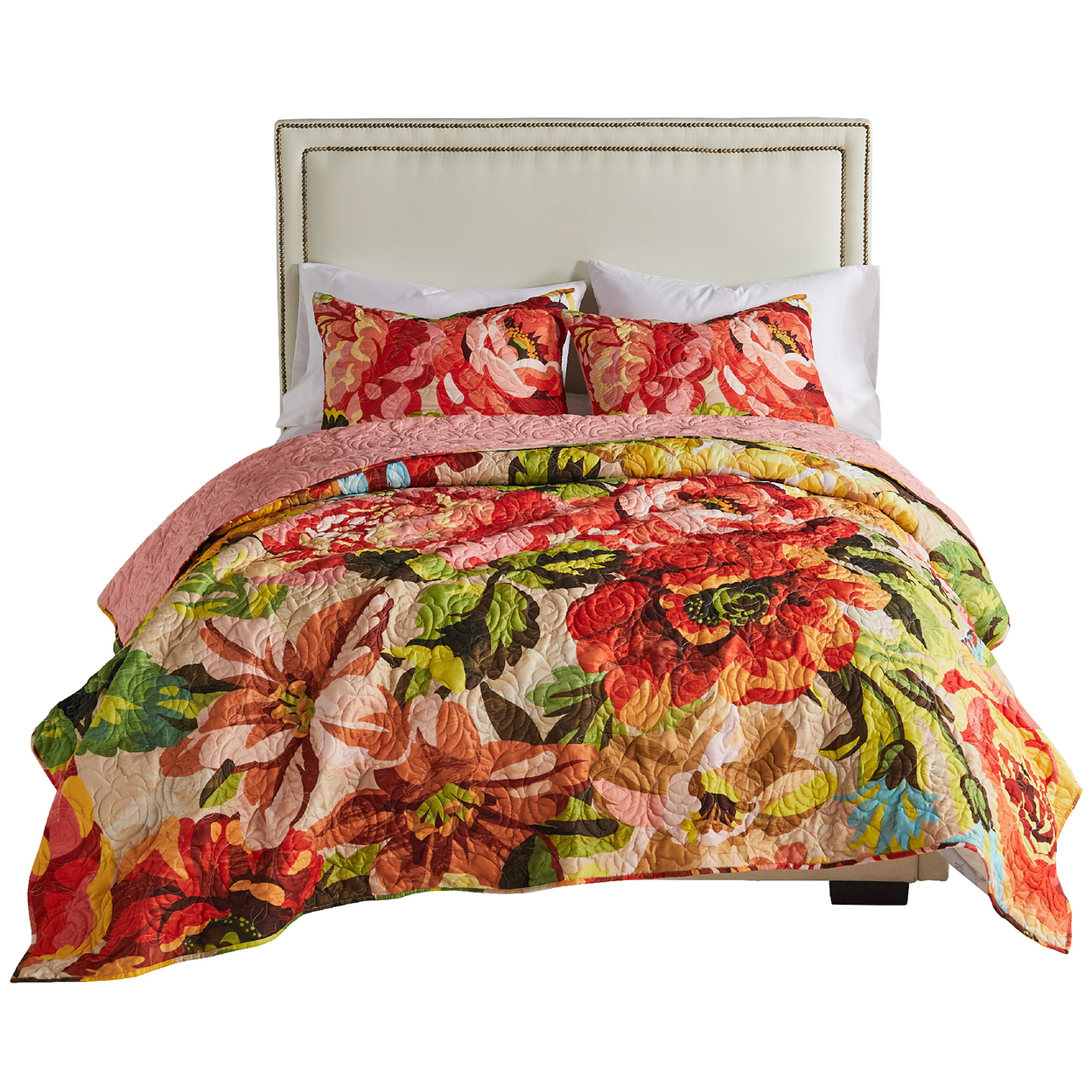 Dahl 3 Piece Queen Quilt Set, 2 Pillow Shams, Polyester Fill, Multicolor- Saltoro Sherpi