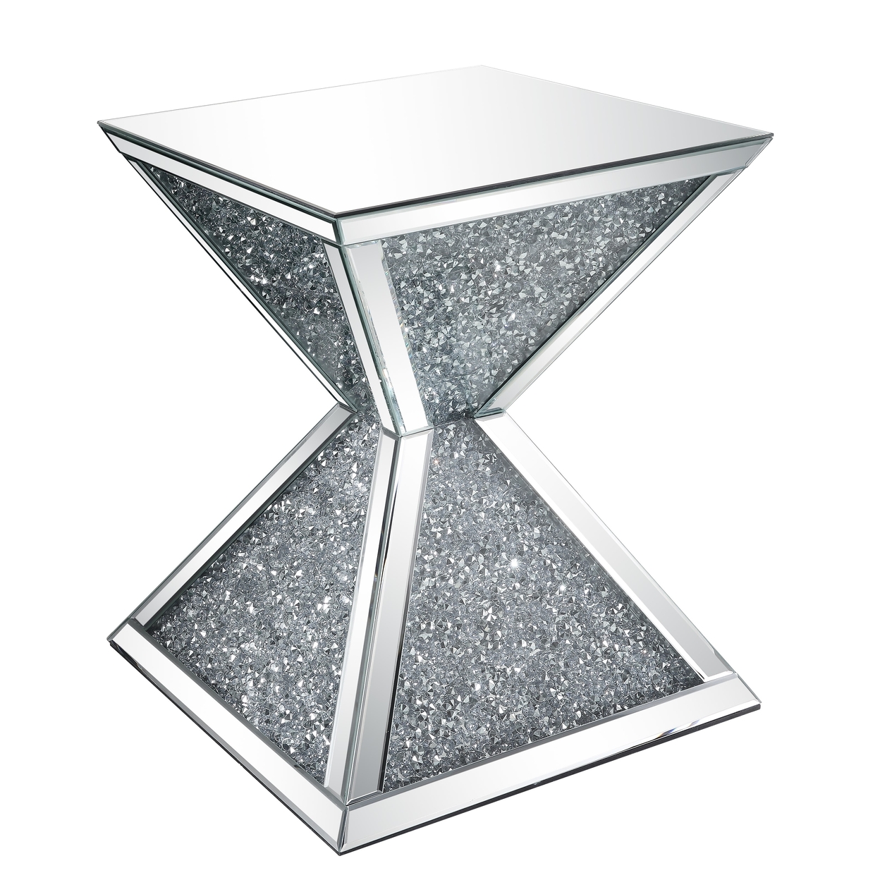 Sparkling End Table With Faux Diamonds Inlay , Silver And Clear- Saltoro Sherpi