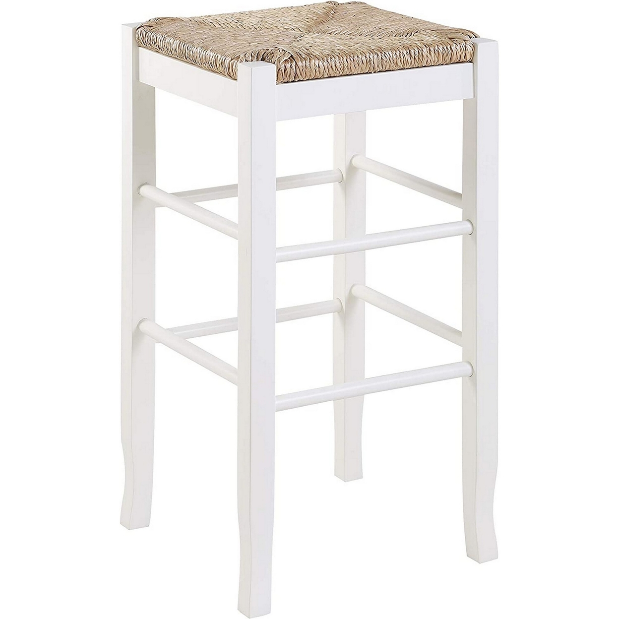 Square Wooden Frame Barstool With Hand Woven Rush, White And Brown- Saltoro Sherpi