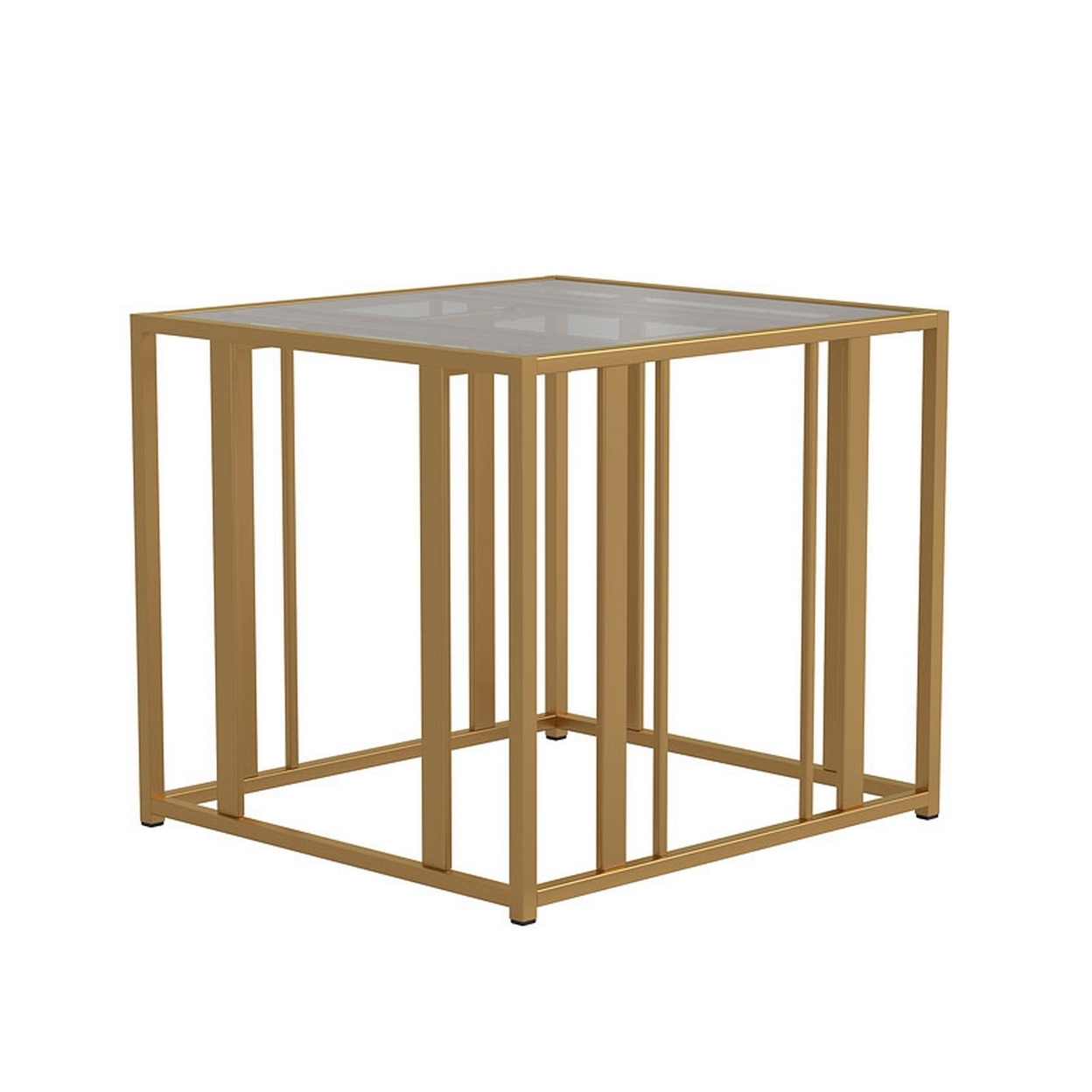 Glass Top End Table With Metal Tubular Base, Brass- Saltoro Sherpi