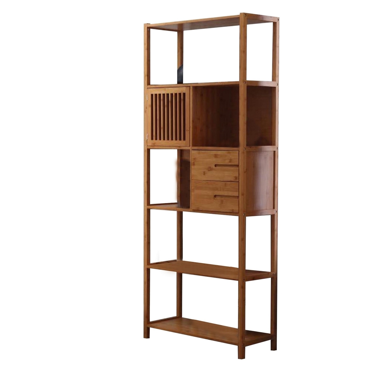 Axa 68 Inch Bamboo Right Facing Open Bookcase, 2 Cubbies, Shelves, Brown- Saltoro Sherpi