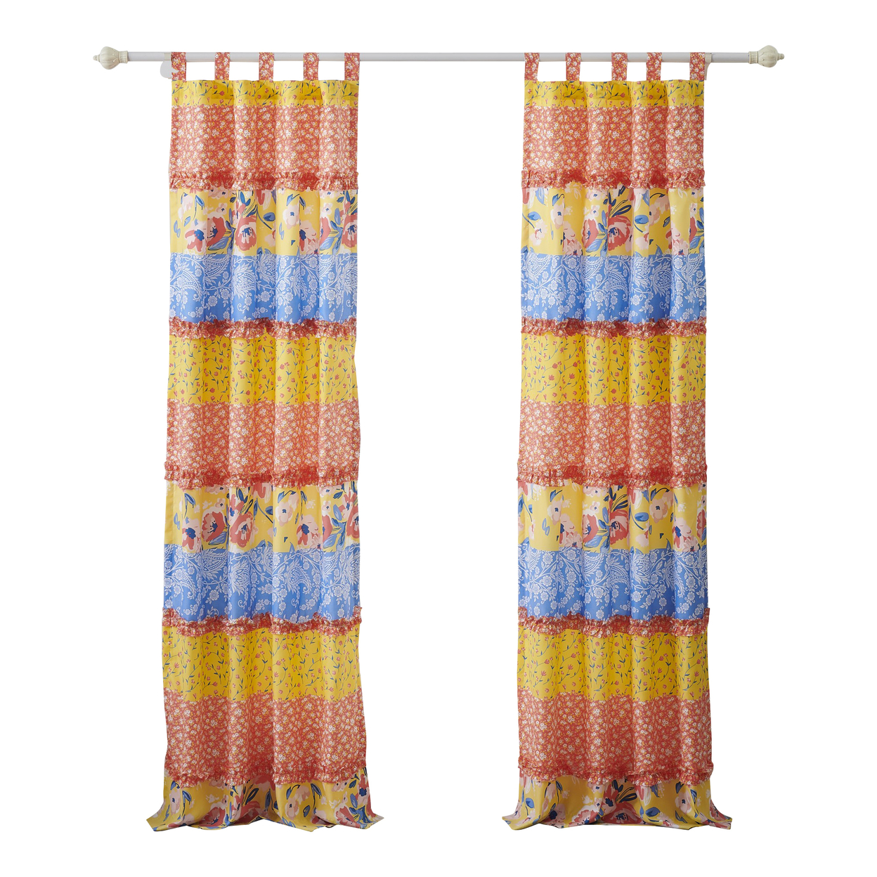 Lio Set Of 2 Tab Top Curtain Pairs With Ruffled Rows, Bohemian, Multicolor