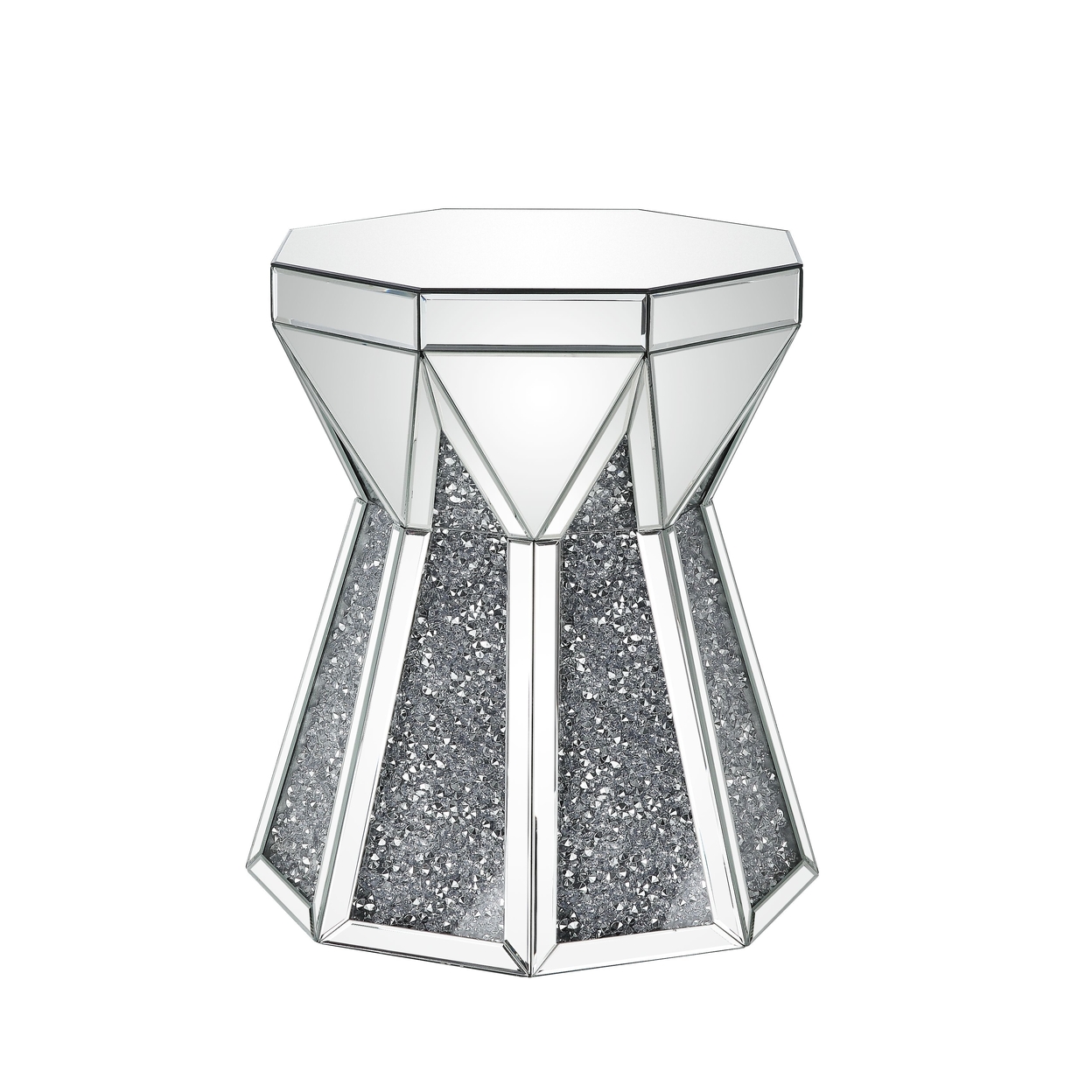 Multiple Faceted Mirrored End Table With Faux Diamonds, Silver- Saltoro Sherpi