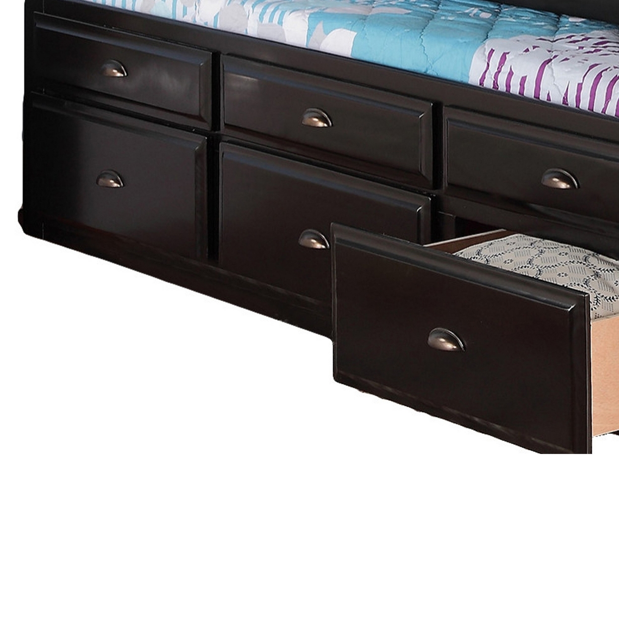 Toni Twin Size Trundle Bed With 6 Drawers, Bookcase Headboard, Black Wood- Saltoro Sherpi