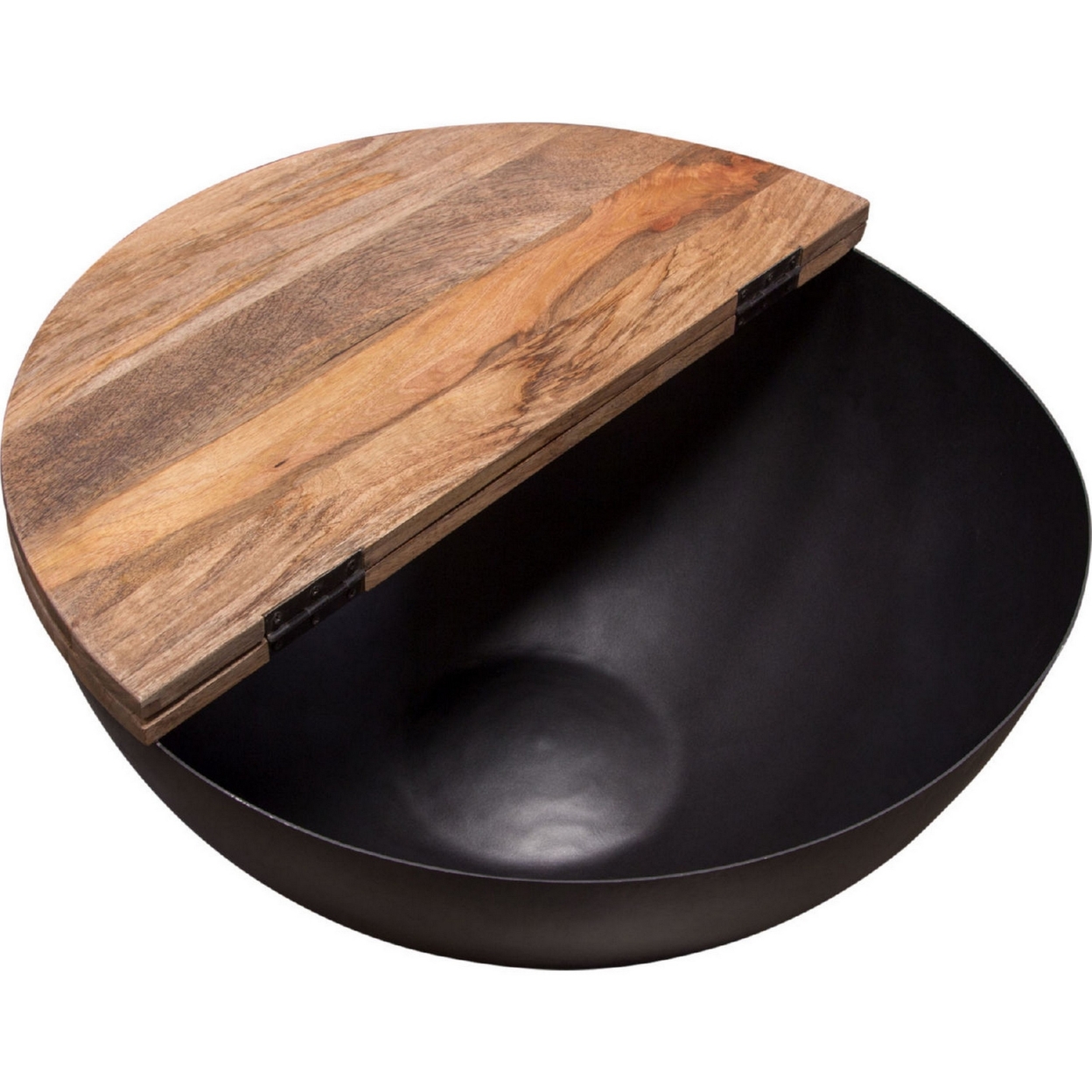 28 Inch Storage Coffee Table, Round Drum Silhouette, Brown Wood, Black Base- Saltoro Sherpi
